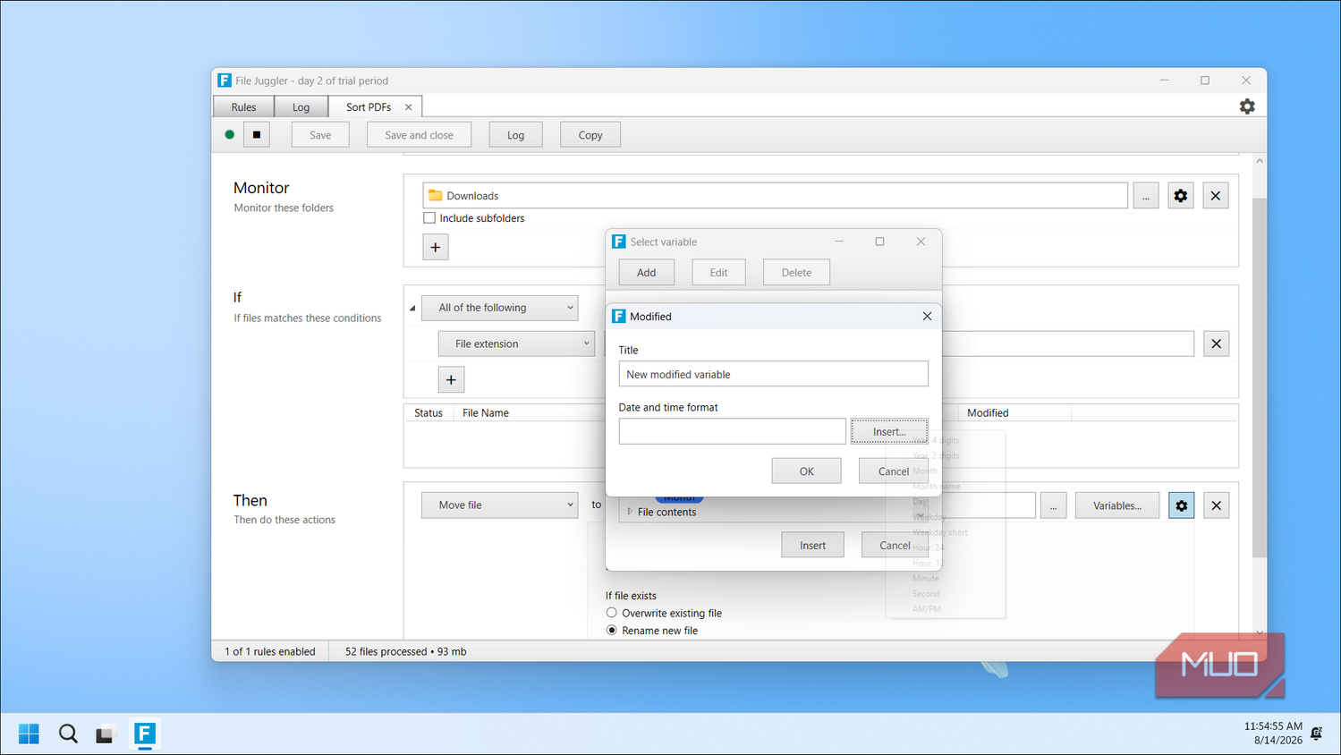 File Juggler App Creating Pdf Sorting Rule With Modified Variable Dialog Open