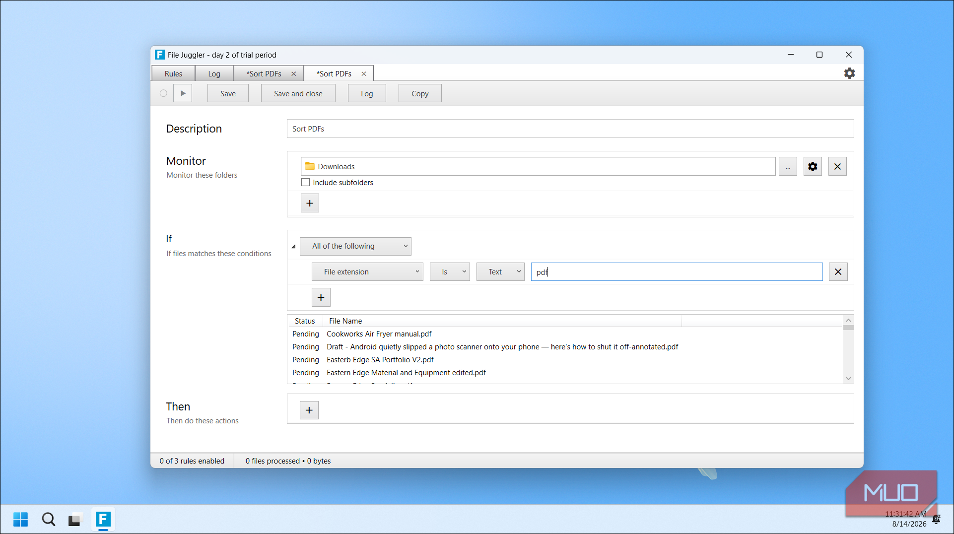 File Juggler Sort Pdfs Rule Configuration With Downloads Folder And Pdf Extension Filter