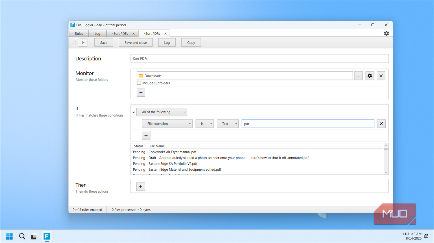 File Juggler Sort Pdfs Rule Configuration With Downloads Folder And Pdf Extension Filter