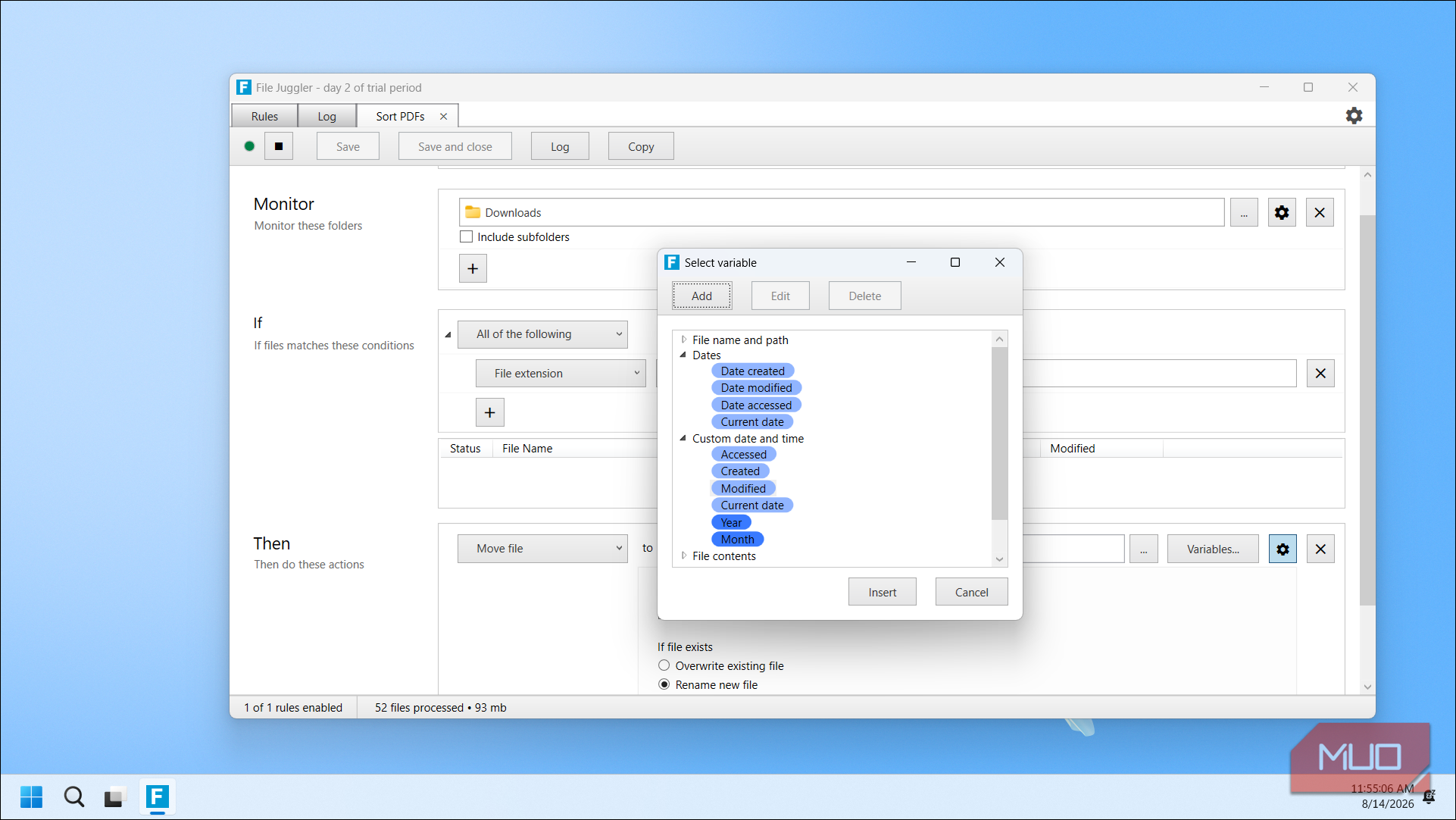 File Juggler Sort Pdfs Rule With Select Variable Dialog Showing Date Options