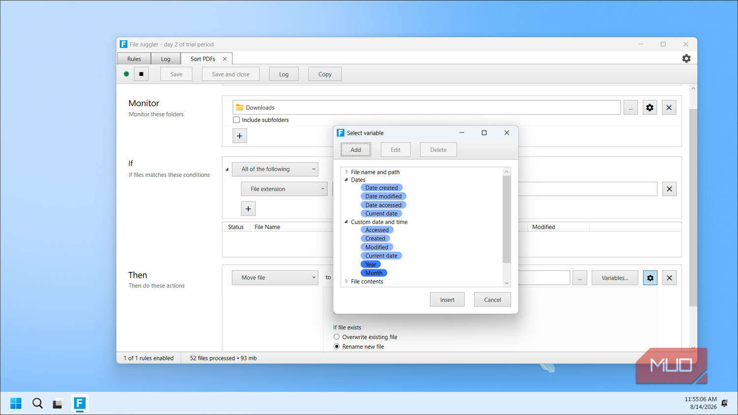 File Juggler Sort Pdfs Rule With Select Variable Dialog Showing Date Options