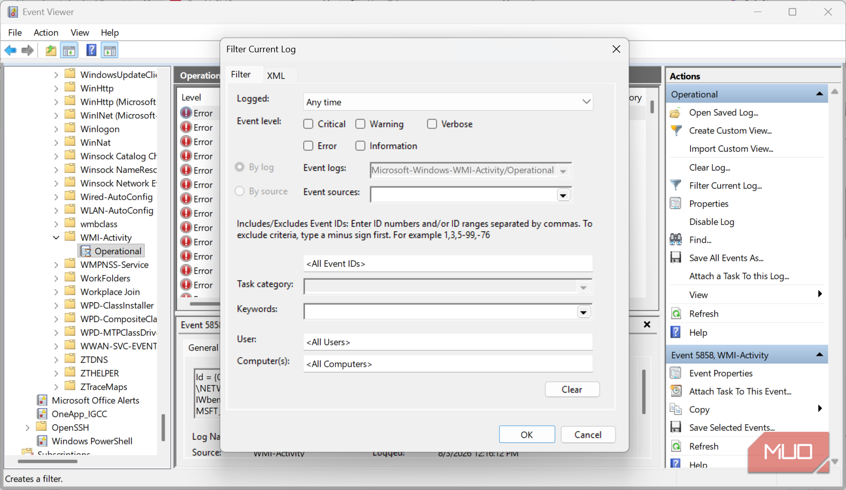Filter current log window