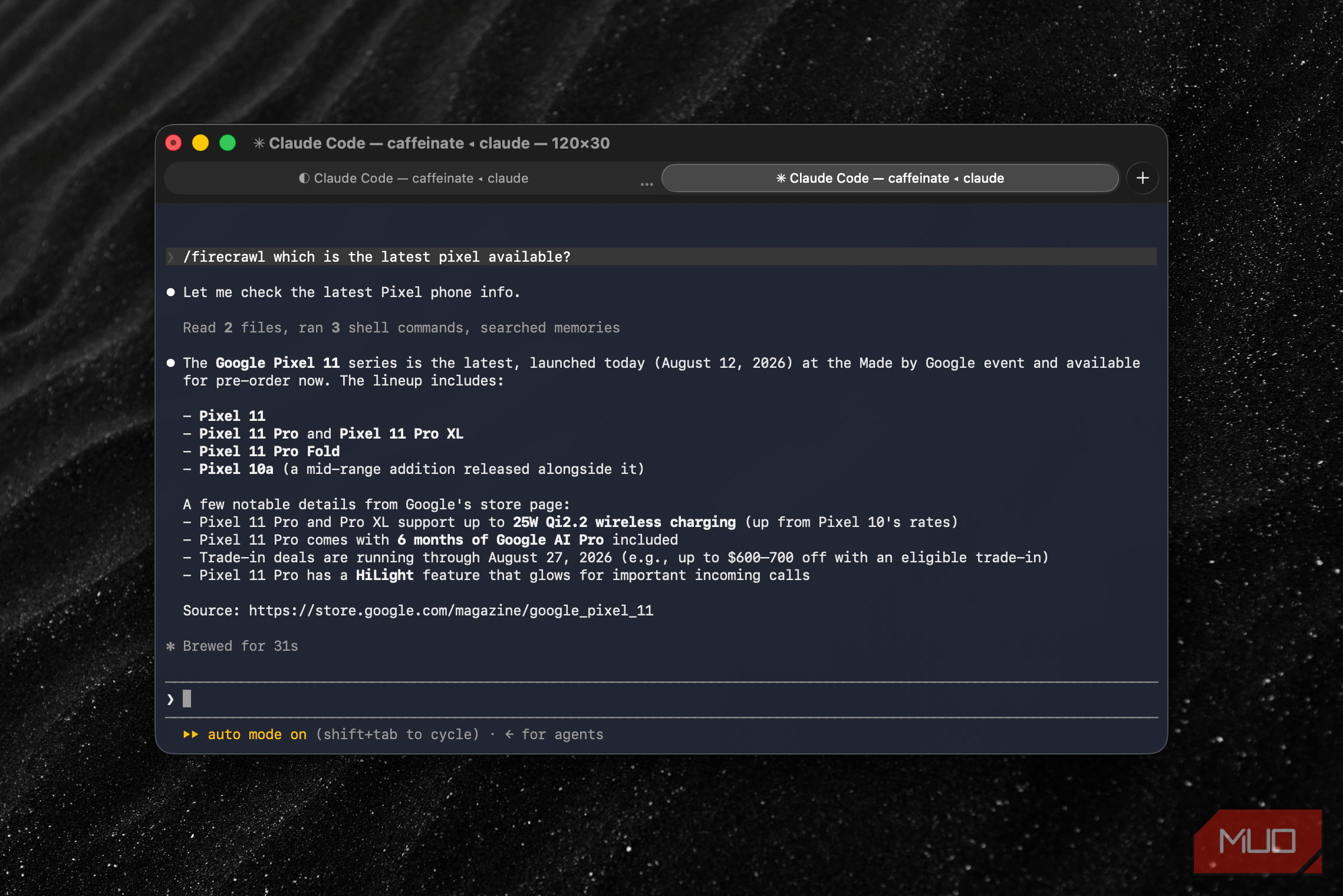 Claude Code on Firecrawl showing the latest data search results
