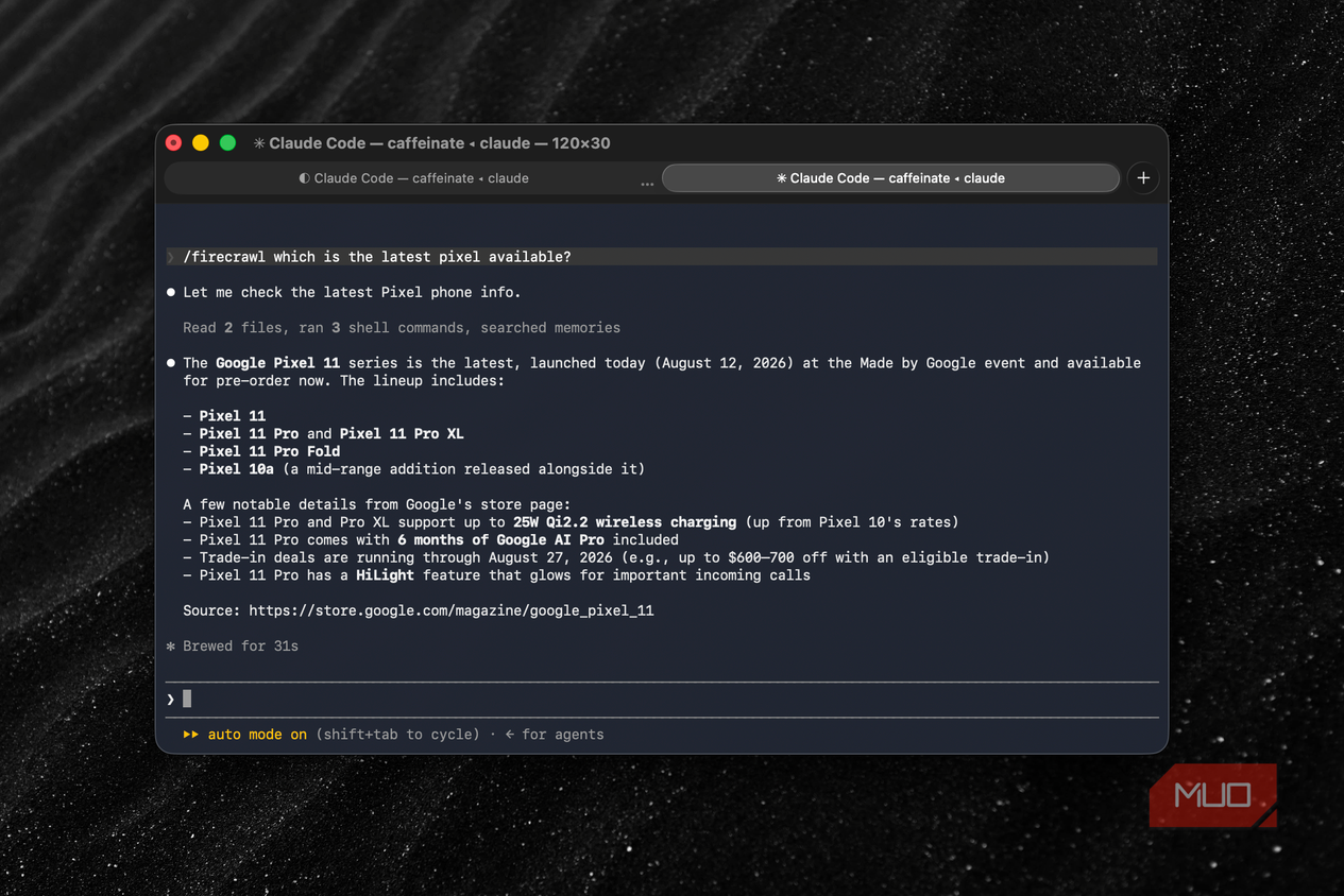 Claude Code on Firecrawl showing the latest data search results