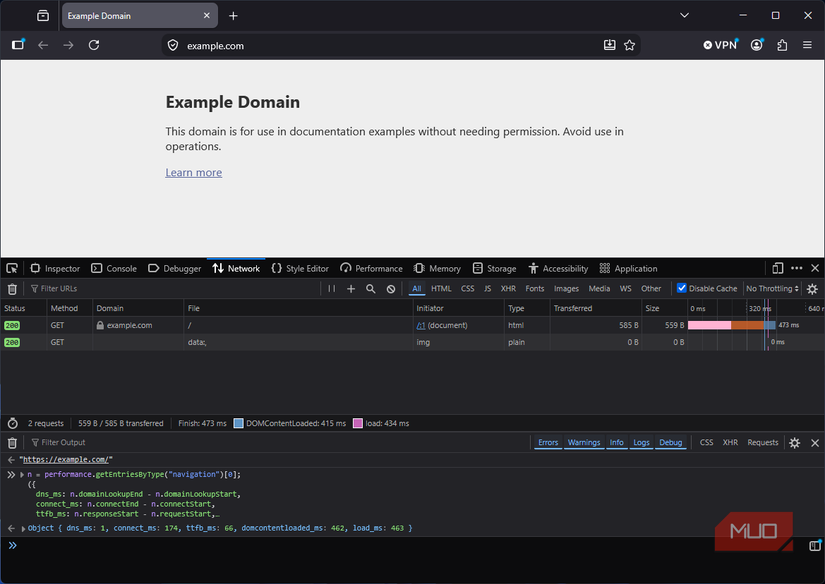 Firefox DevTools benchmarking DNS with example.com