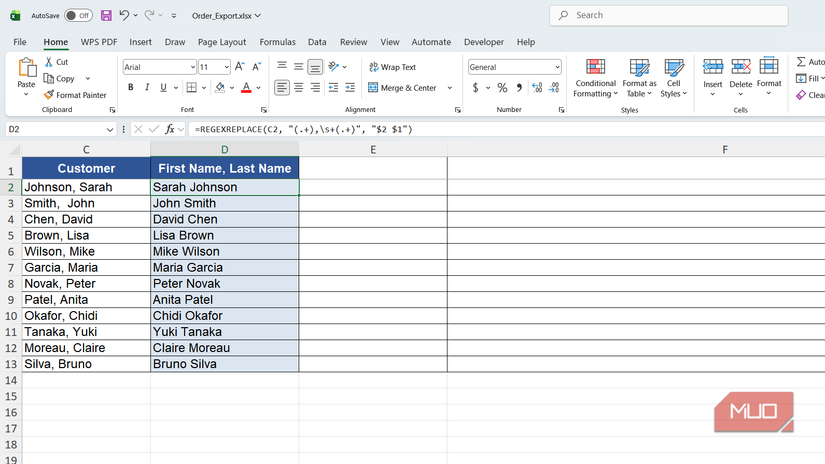 First and last names in correct order highlighted in Excel.