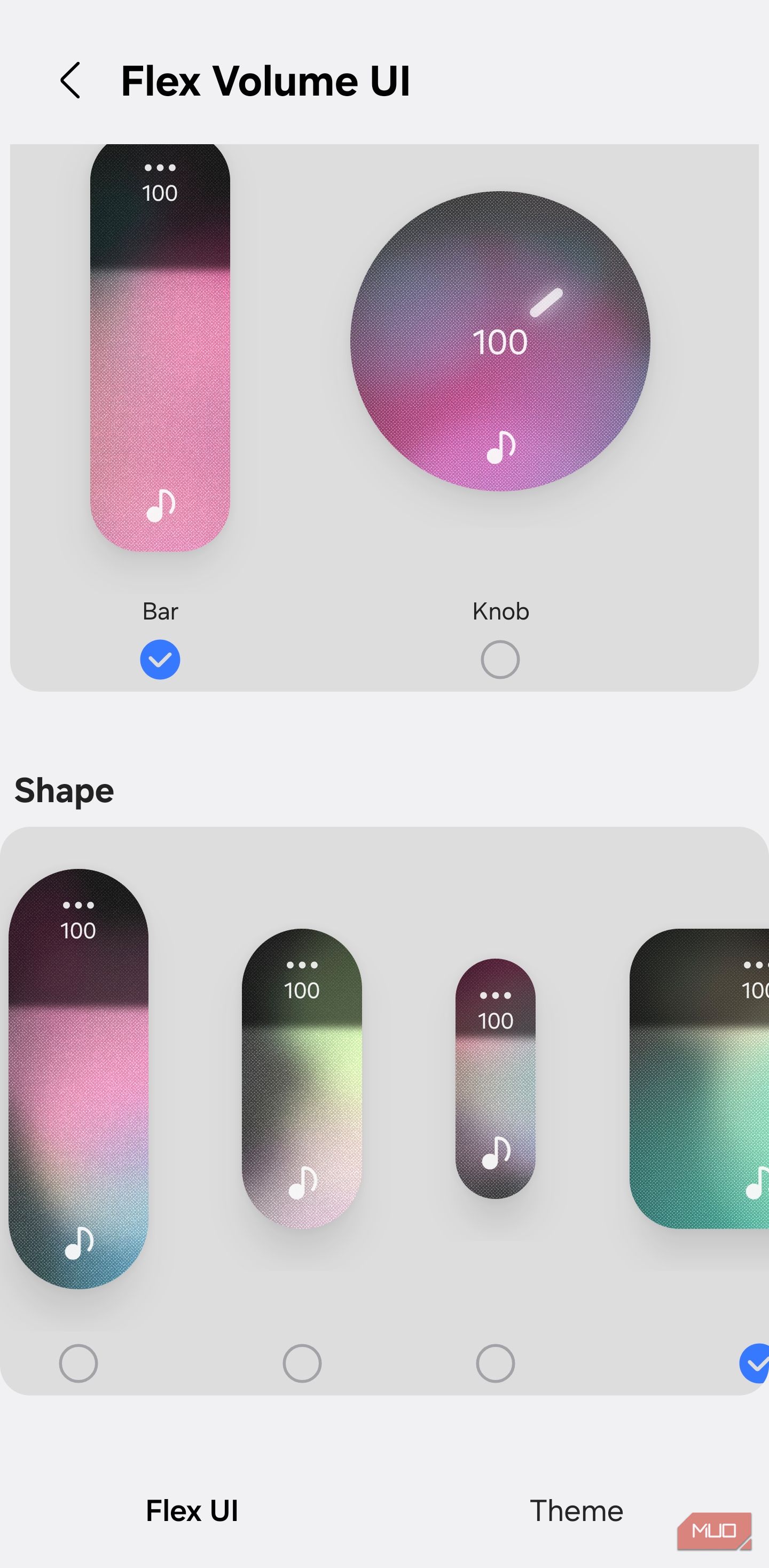 Flex Volume UI bar and knob styles with shape options