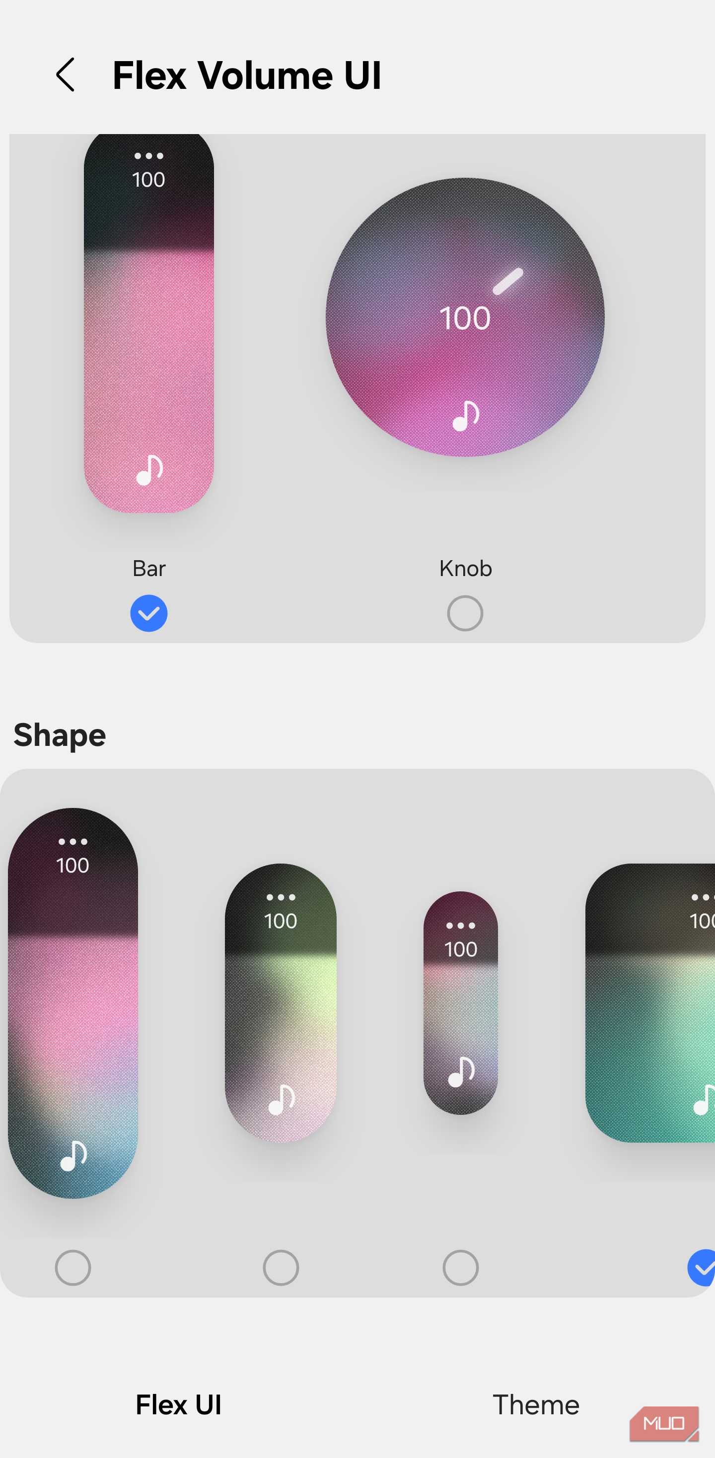 Flex Volume UI bar and knob styles with shape options