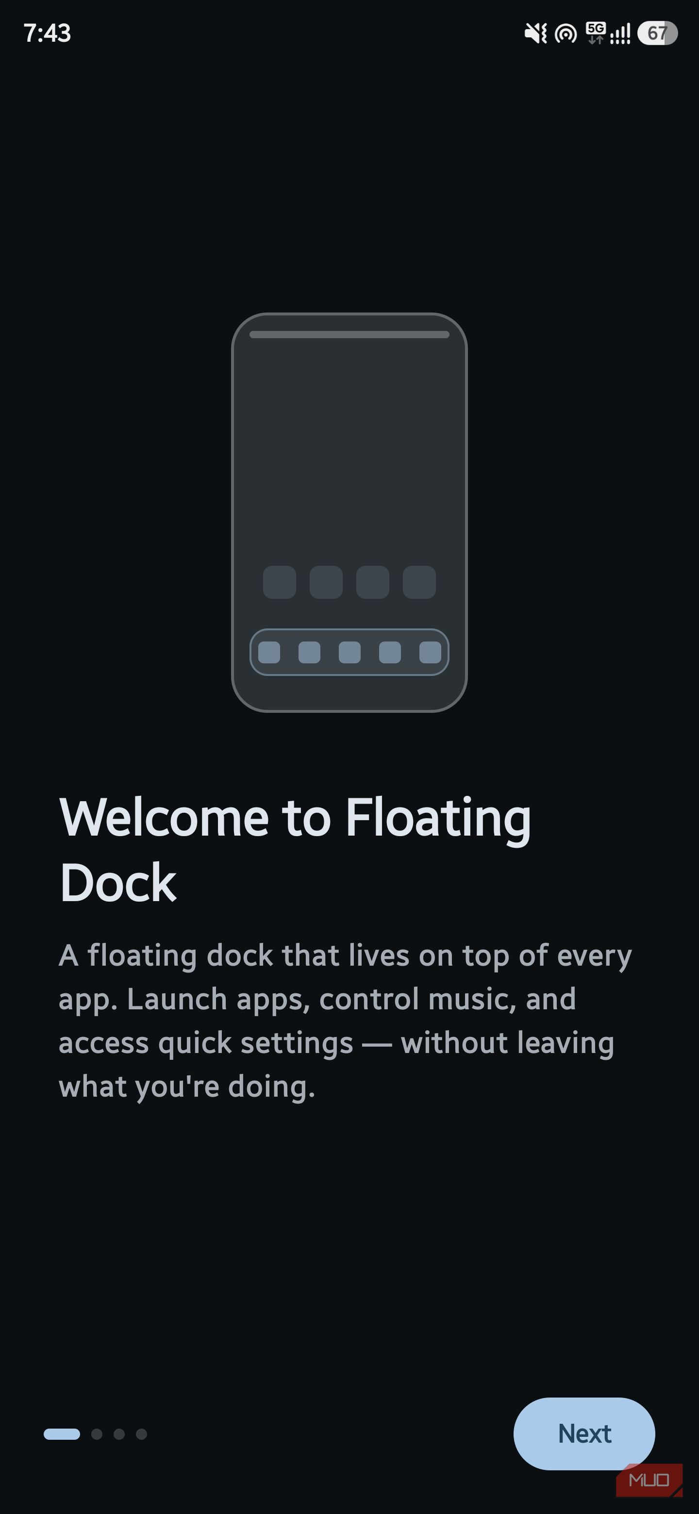 Welcome setup screen for Floating Dock app