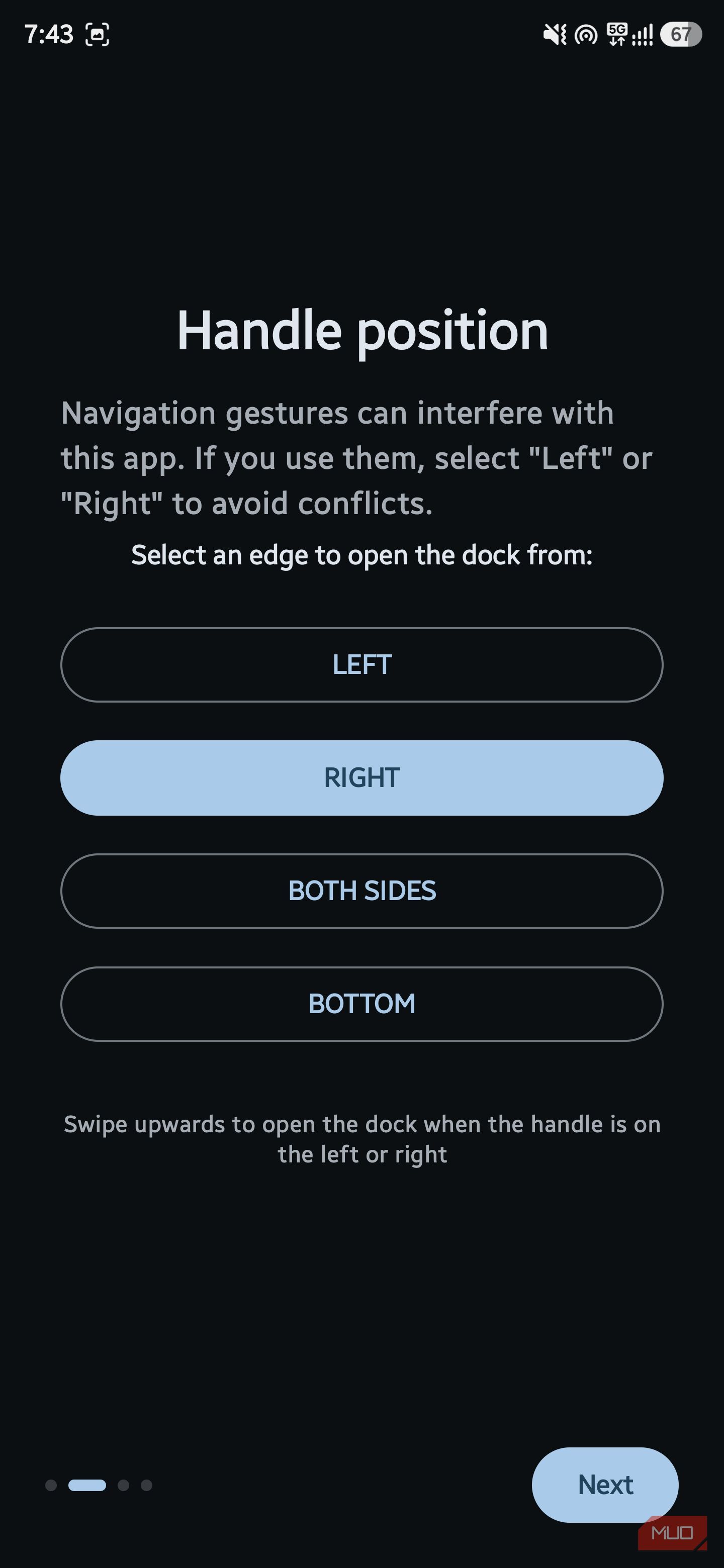 Handle position selection menu with Right option highlighted