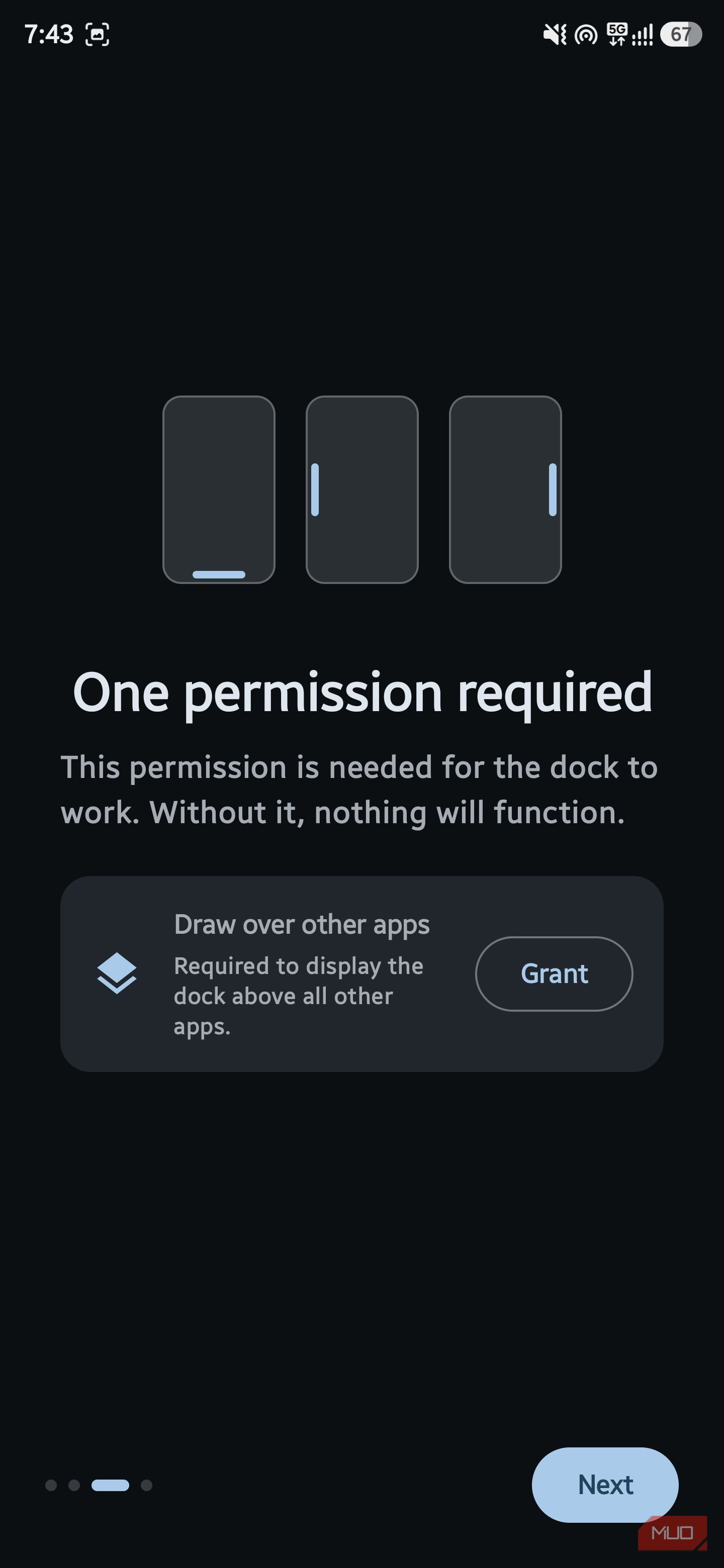 Required permissions setup screen for Draw over other apps