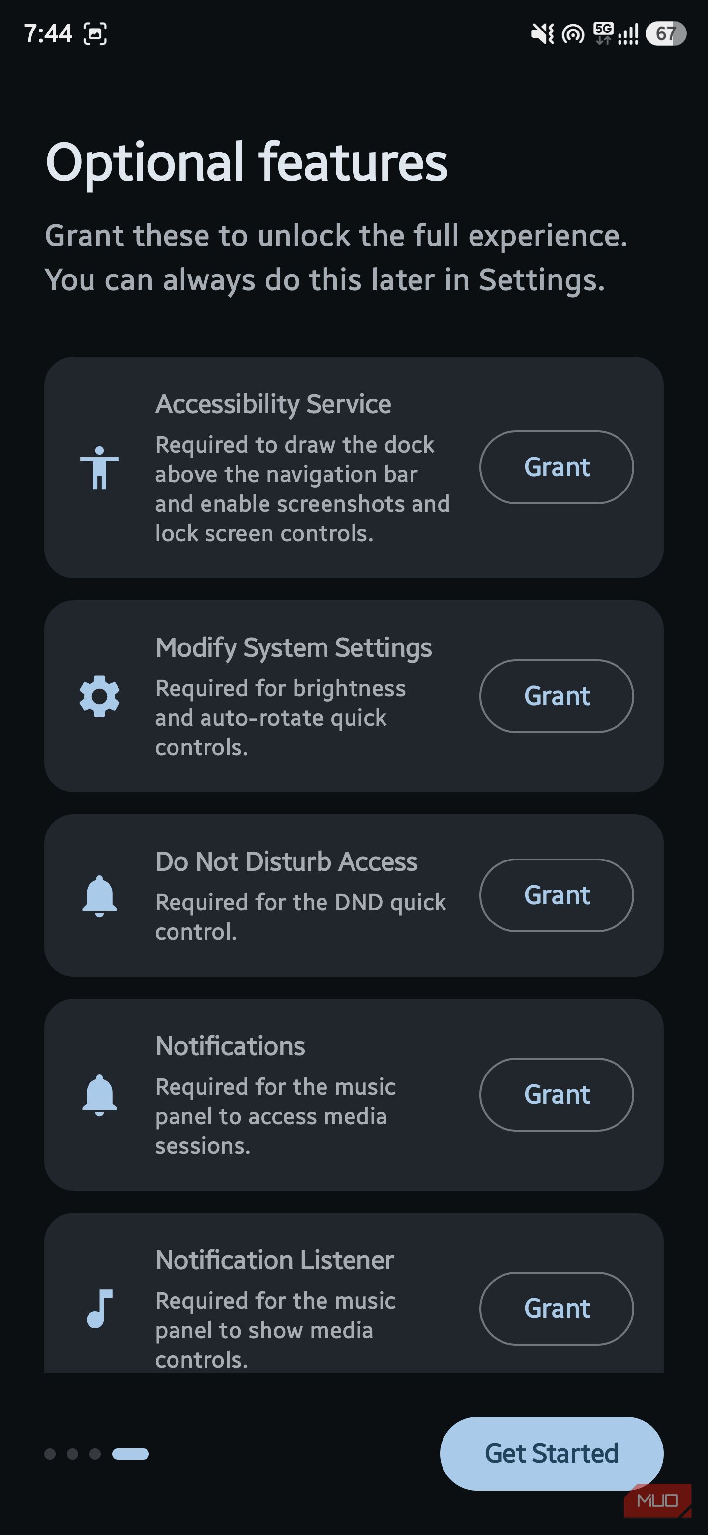 Optional permissions screen for accessibility, settings, and notifications