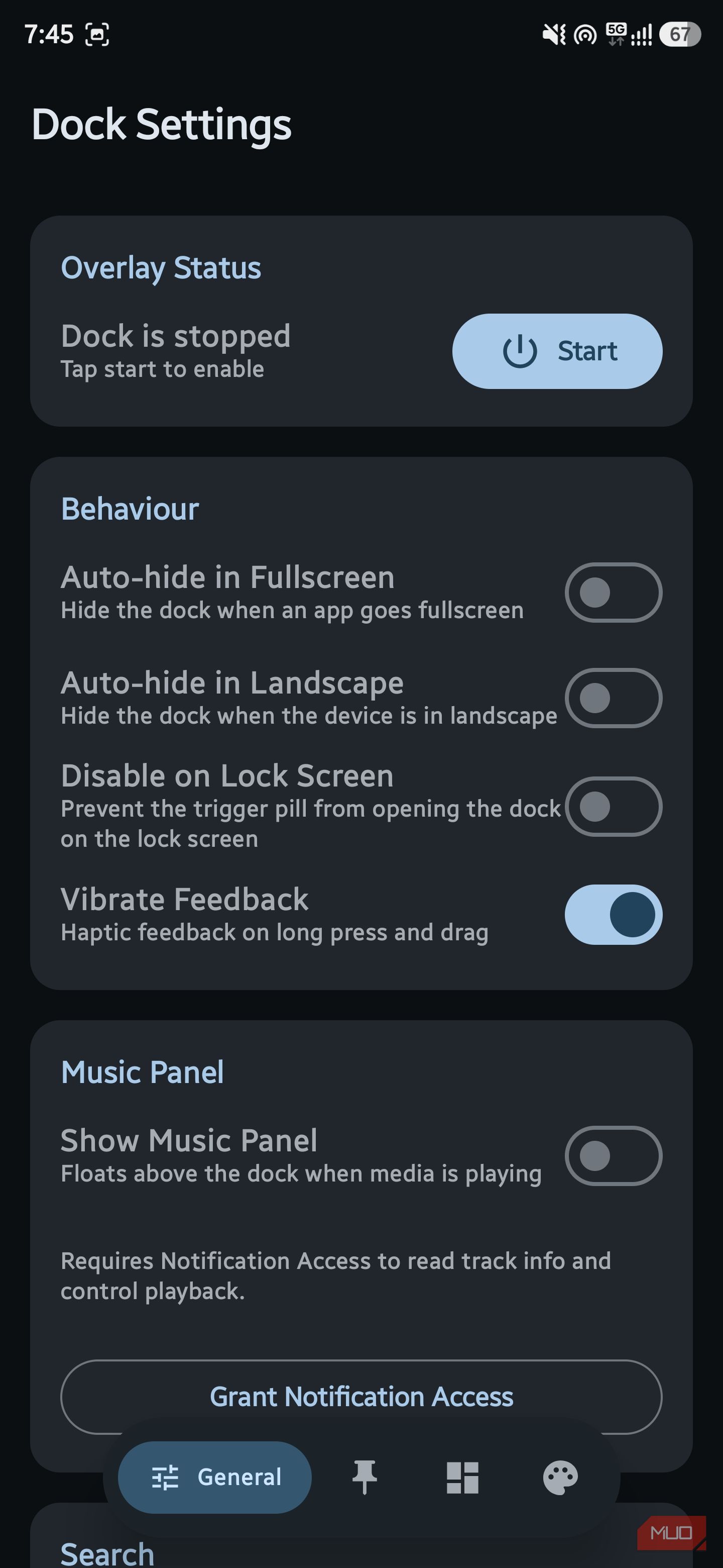 Dock Settings menu showing overlay status and behavior toggles