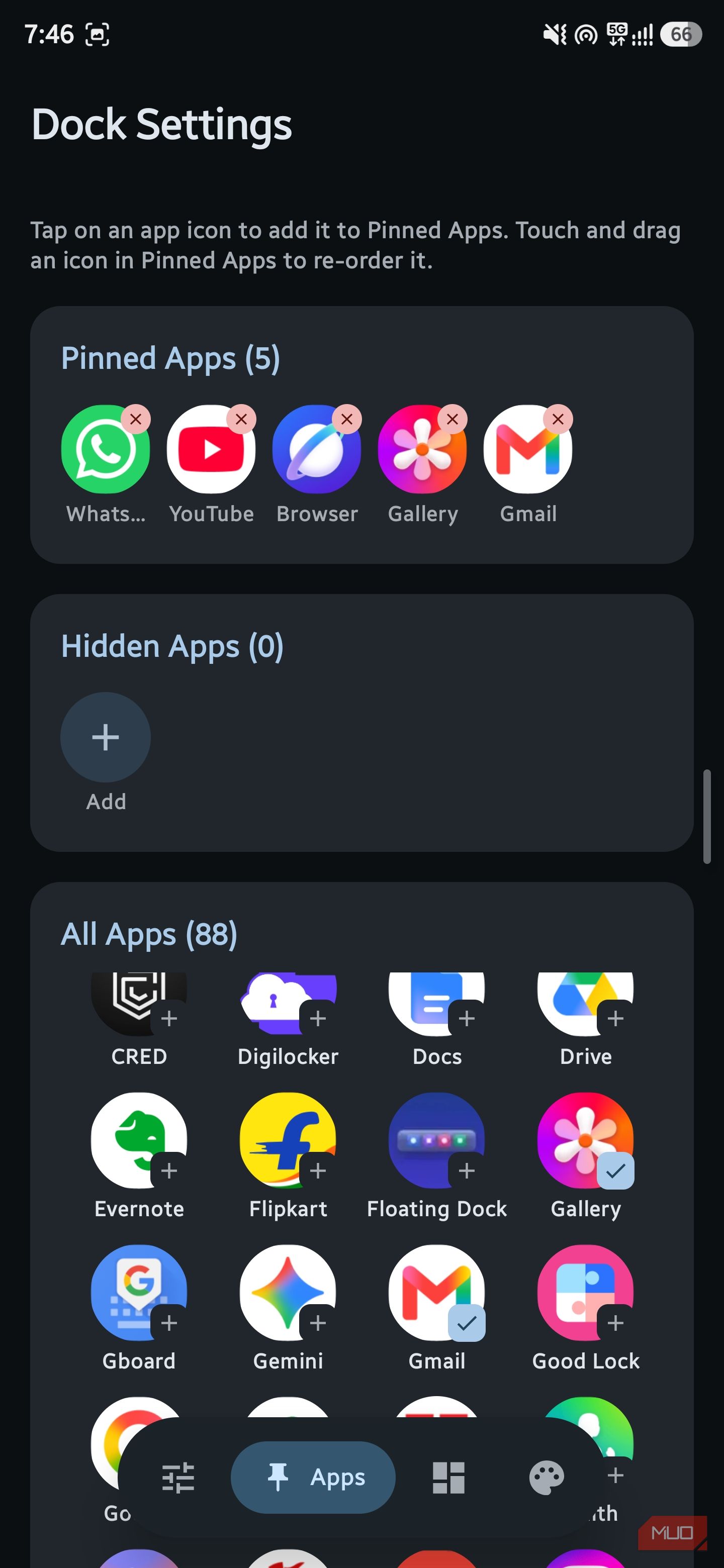 Dock Settings screen showing Pinned Apps and All Apps grid