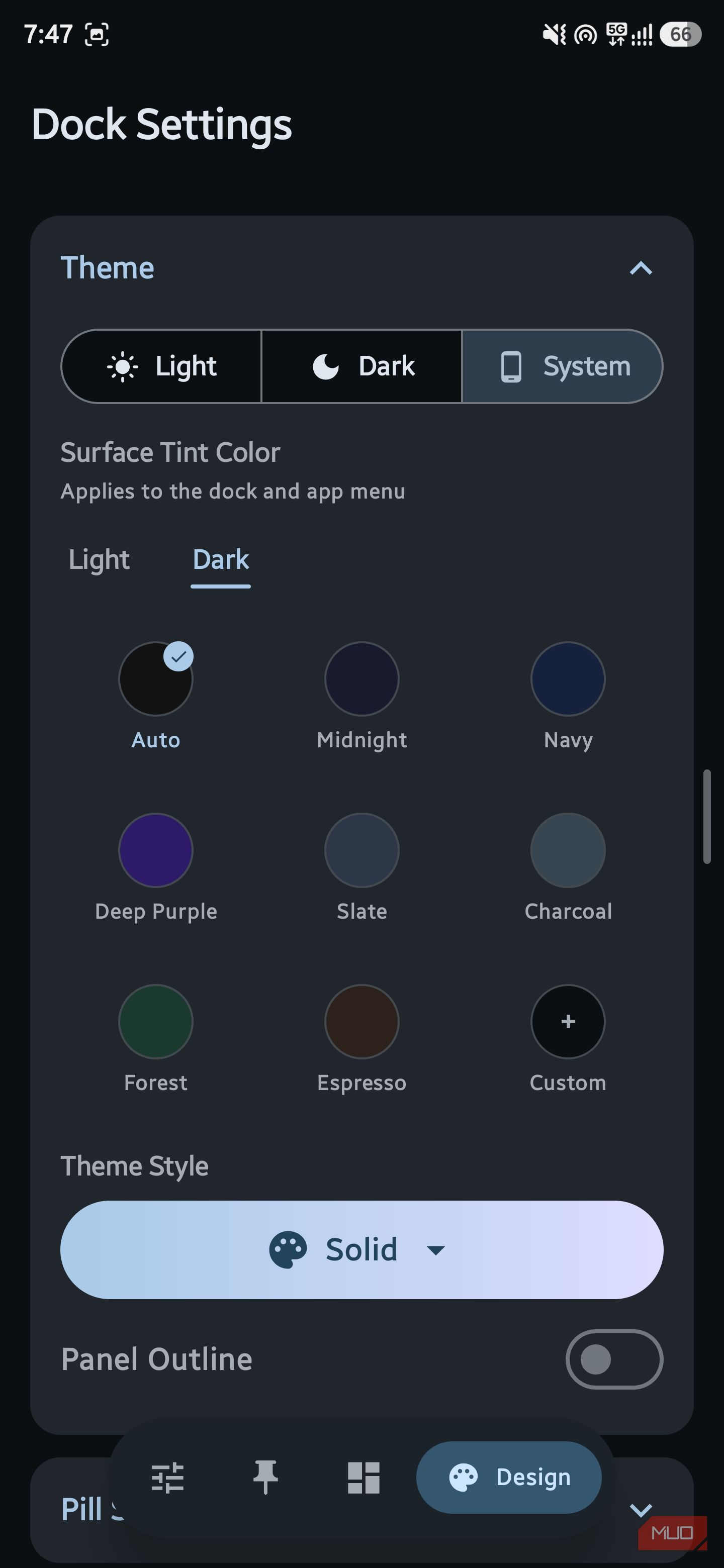 Dock Settings theme menu with color palette selection
