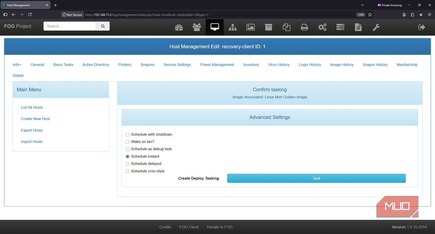 Creating the deployment (recovery) task in Fogserver dashboard