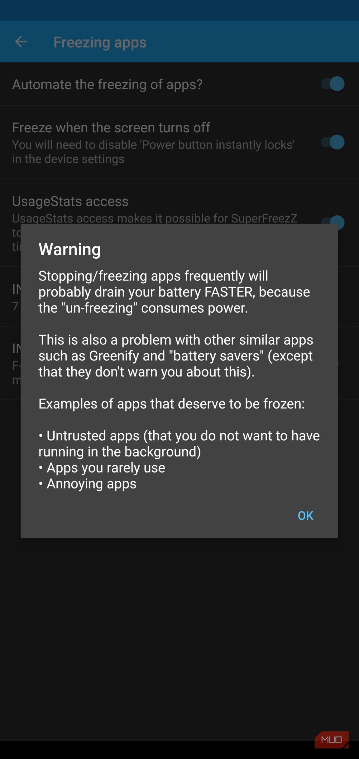 superfreezz warning against stopping and freezing apps frequently. 