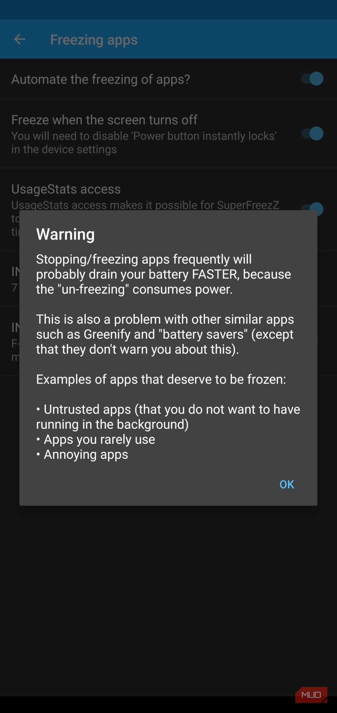 superfreezz warning against stopping and freezing apps frequently.
