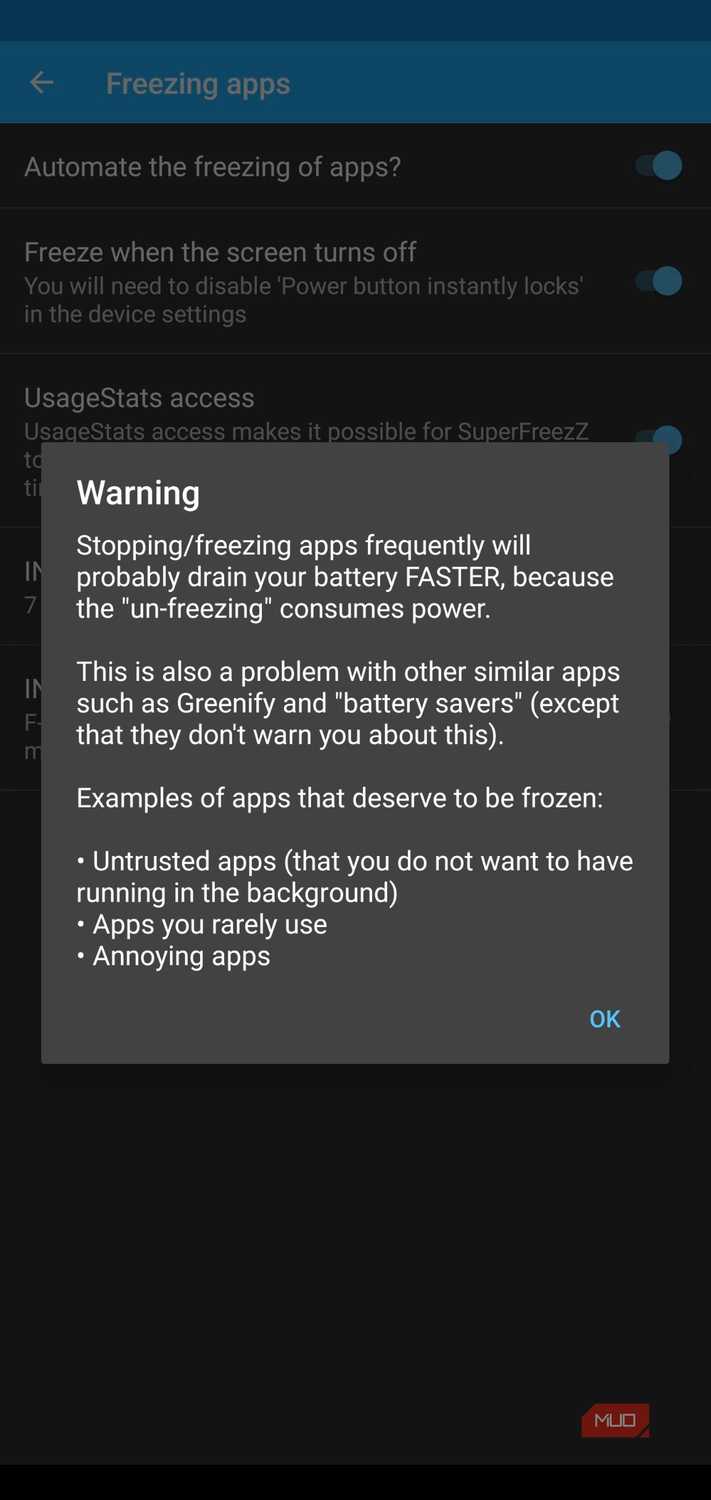 superfreezz warning against stopping and freezing apps frequently.