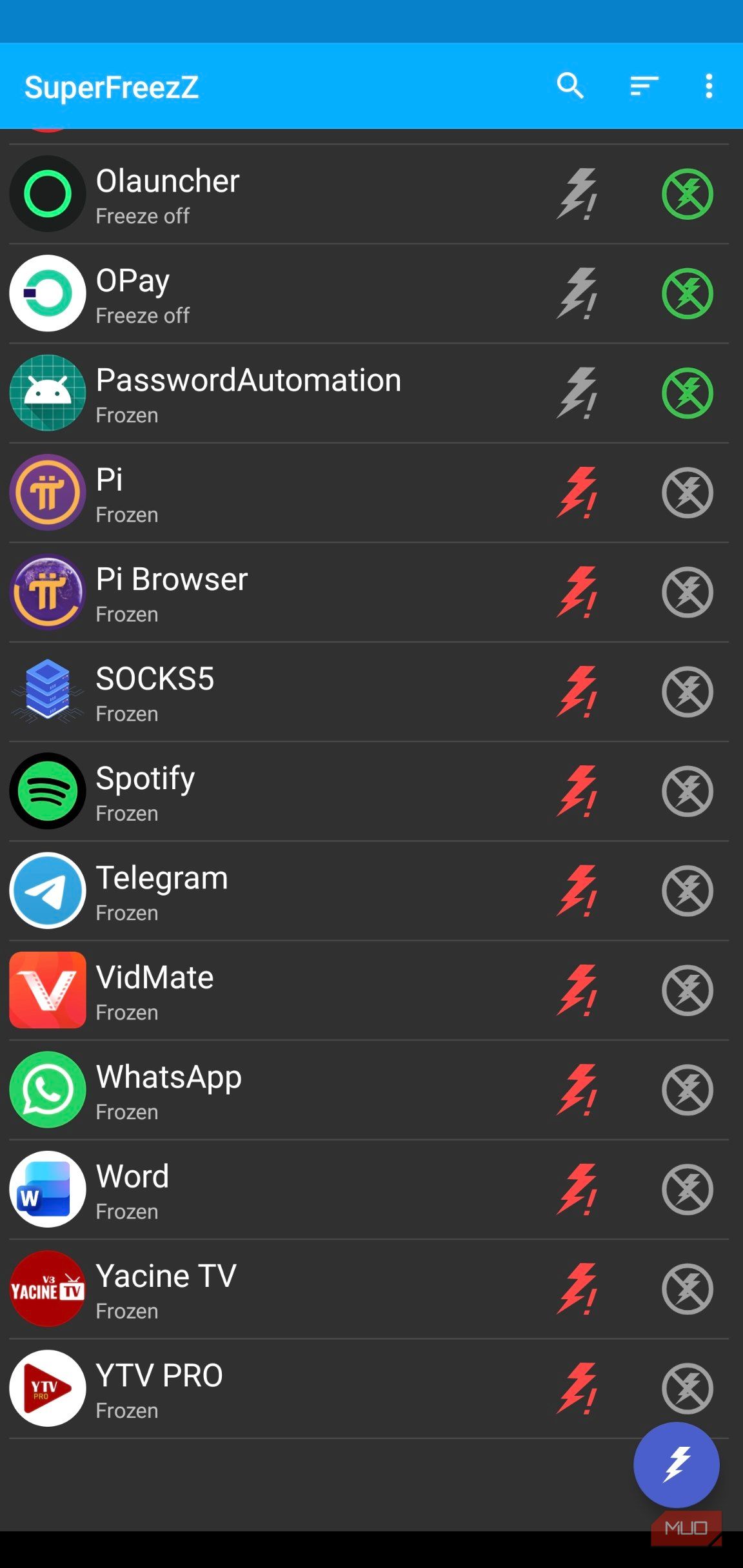 A list of frozen apps inside SuperFreezZ.