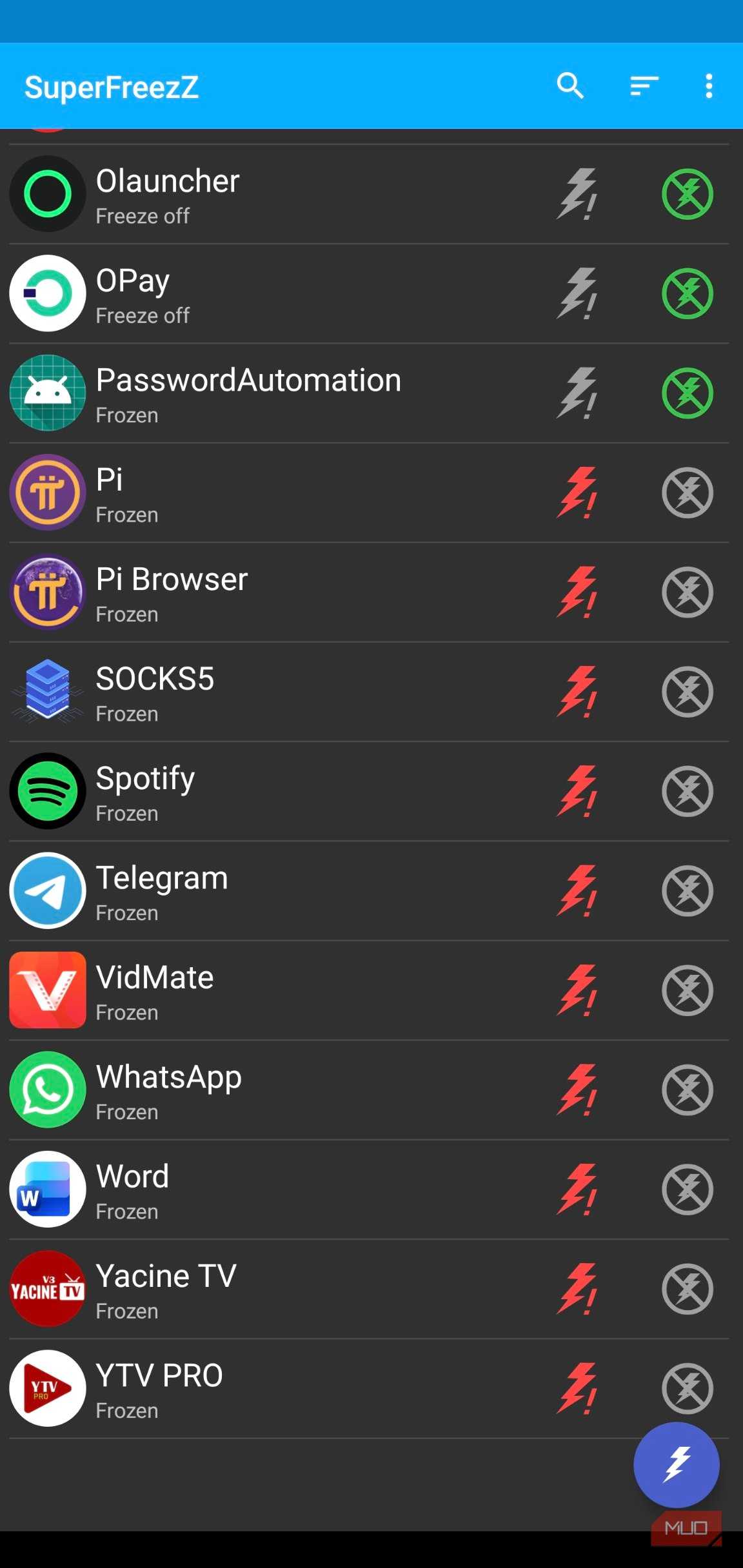 A list of frozen apps inside SuperFreezZ.
