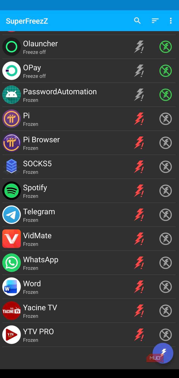 A list of frozen apps inside SuperFreezZ.
