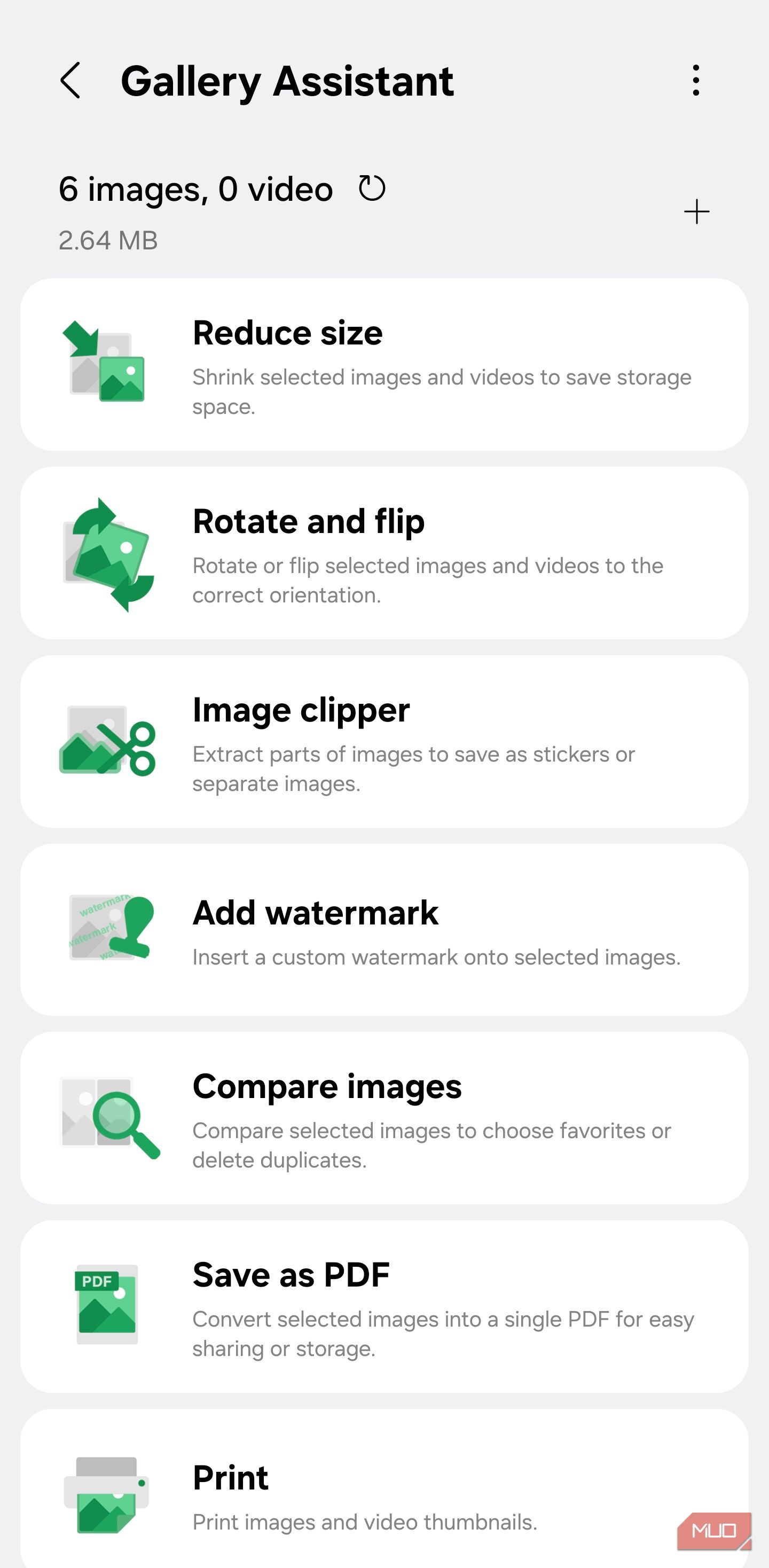 Gallery Assistant menu with Save as PDF