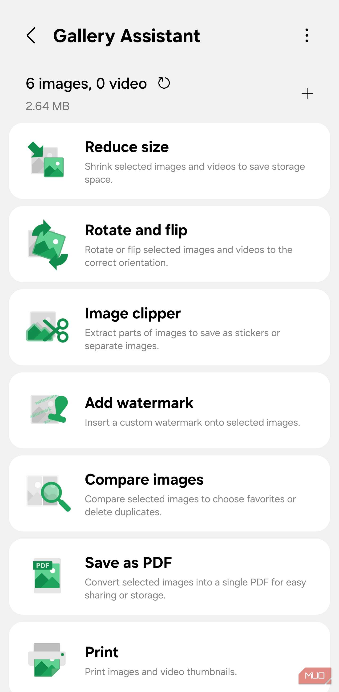 Gallery Assistant menu with Save as PDF