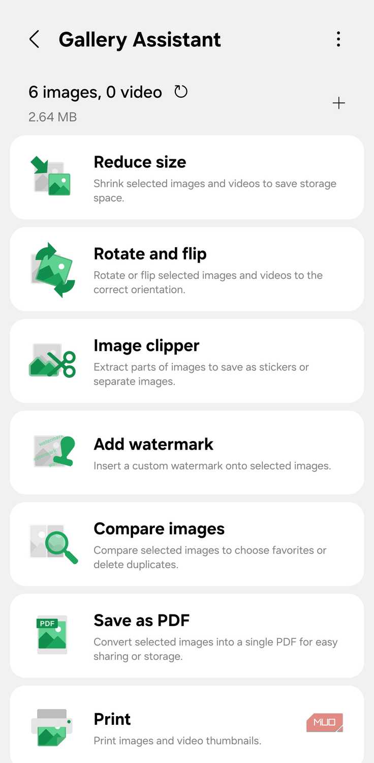Gallery Assistant menu with Save as PDF