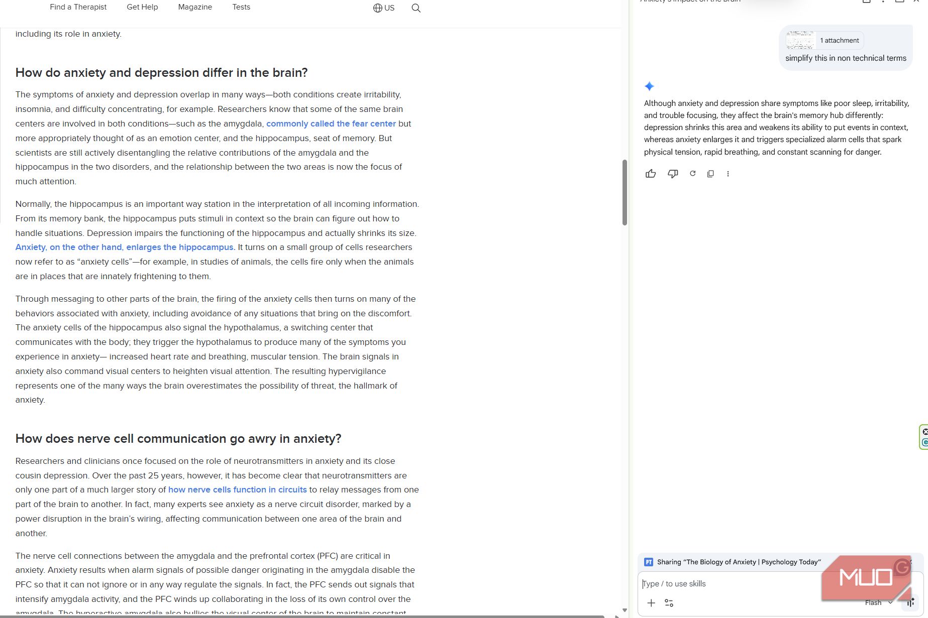 Gemini in Chrome explains a selected section about anxiety and depression in simpler, nontechnical terms