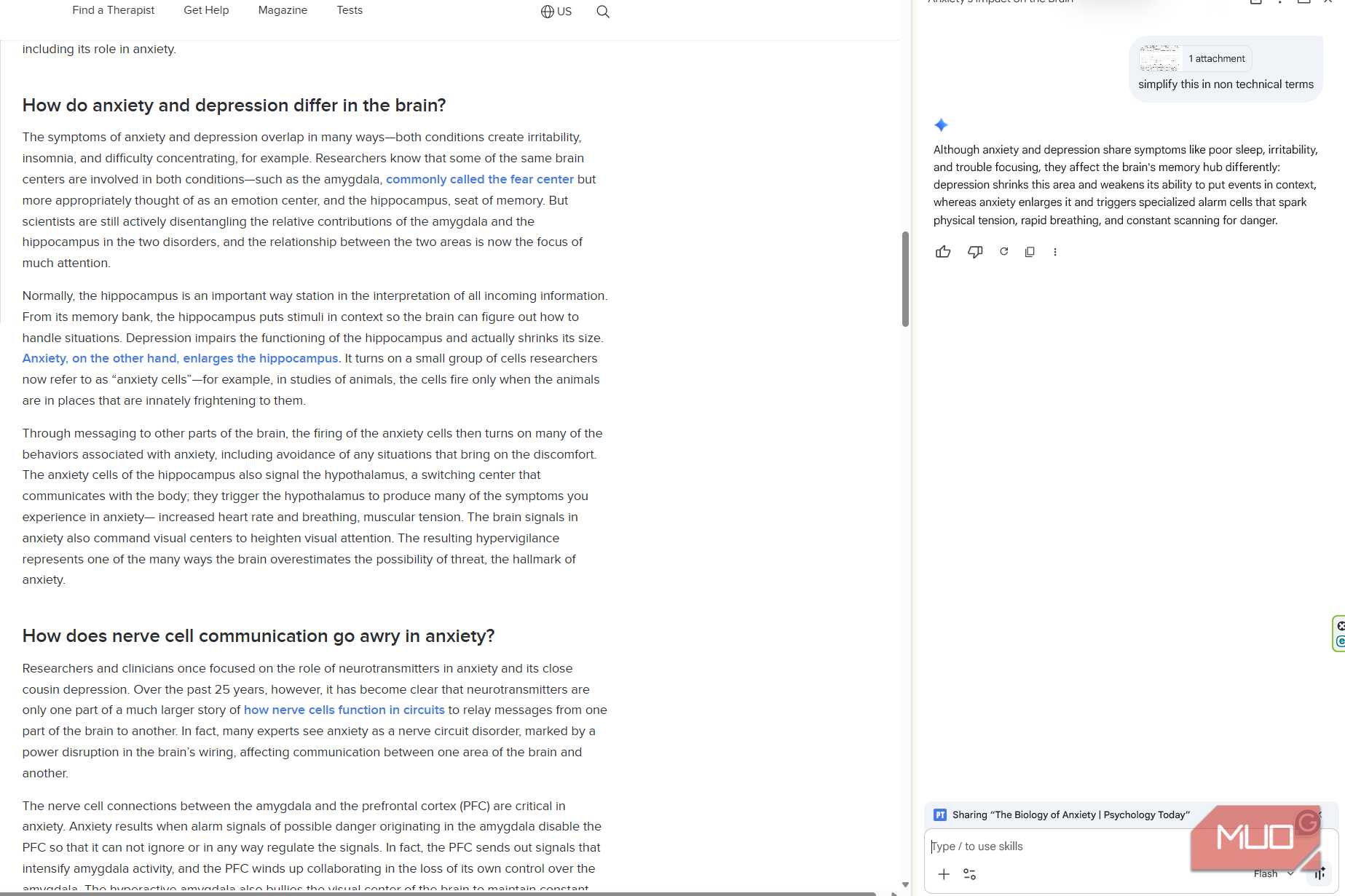 Gemini in Chrome explains a selected section about anxiety and depression in simpler, nontechnical terms