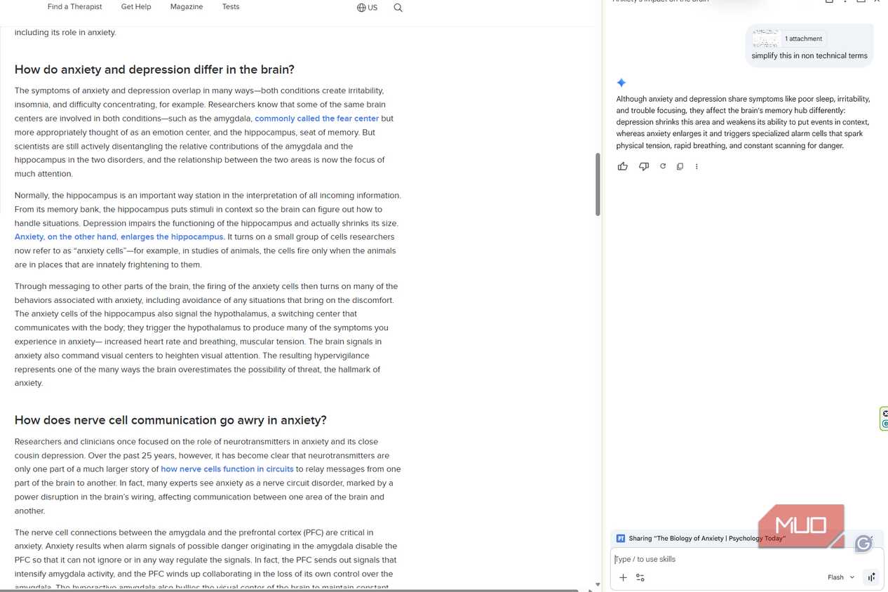 Gemini in Chrome explains a selected section about anxiety and depression in simpler, nontechnical terms
