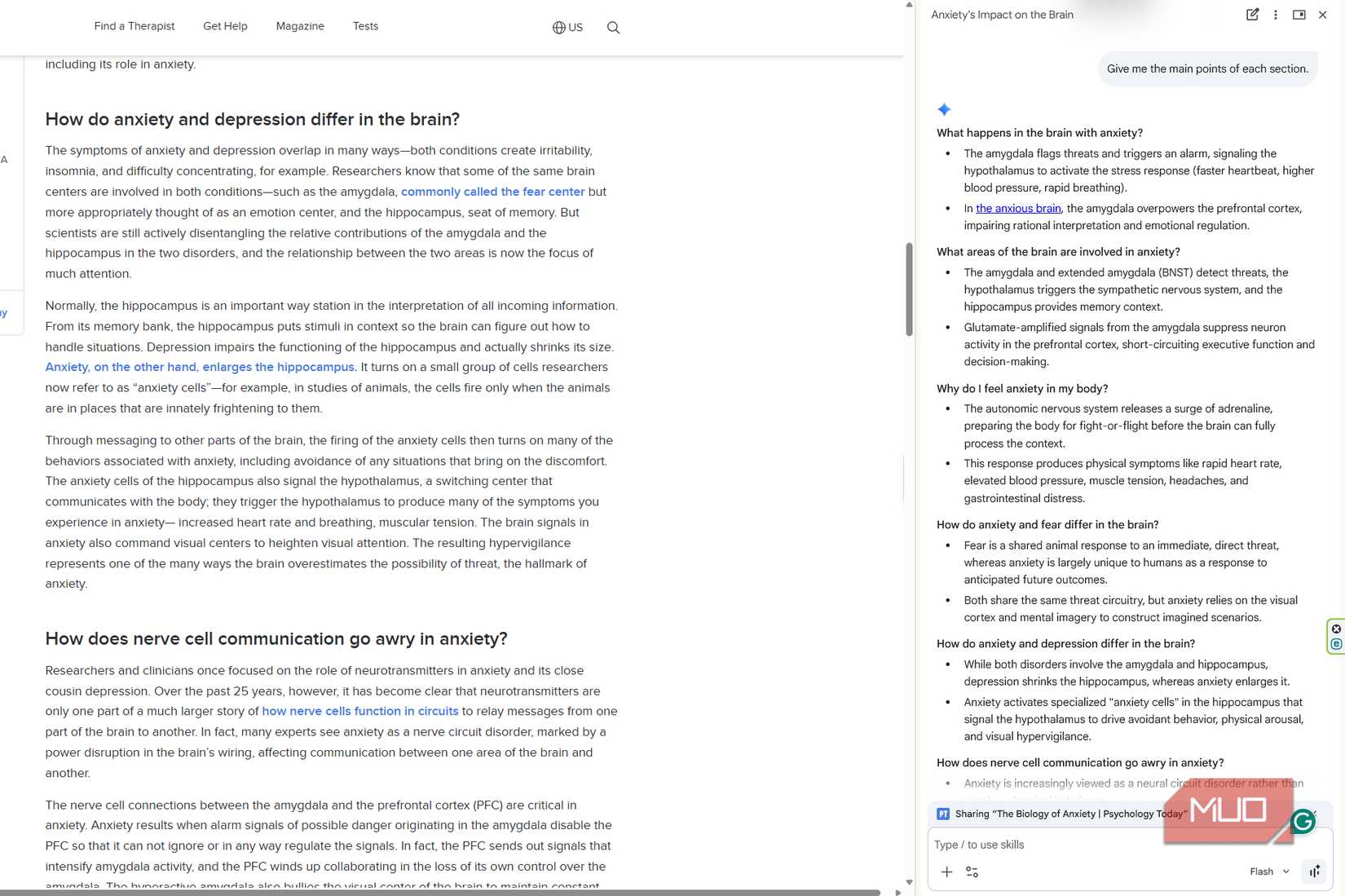 Gemini in Chrome summarizes each section of a Psychology Today article on anxiety into bullet points in the side panel
