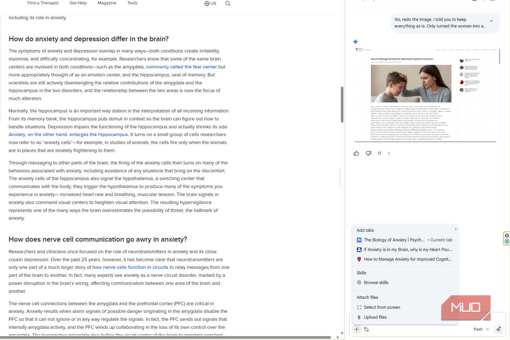 Gemini in Chrome shows three shared tabs in the side panel, with controls to remove individual tabs from the conversation