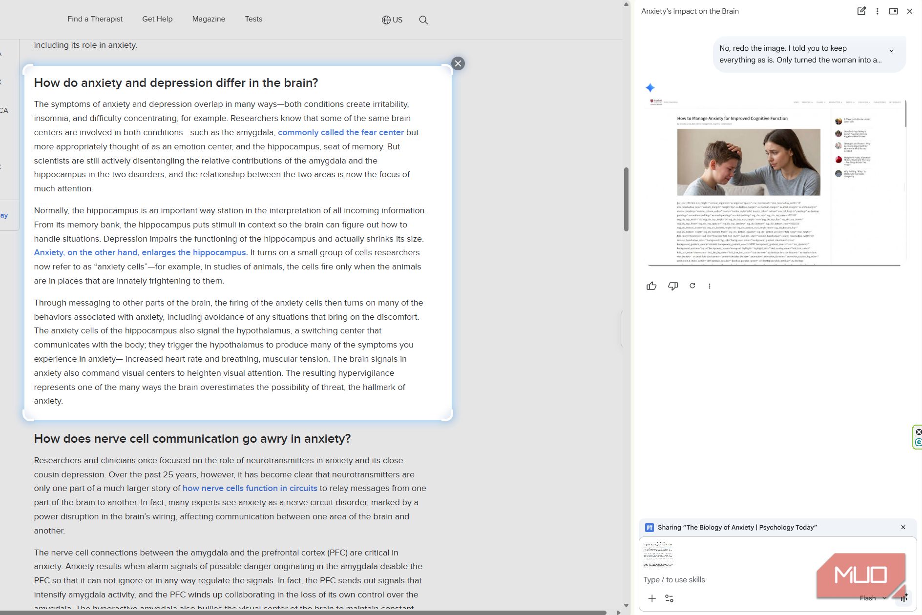 Gemini in Chrome selects the section 'How do anxiety and depression differe in the brain?' from a Psychology Today article