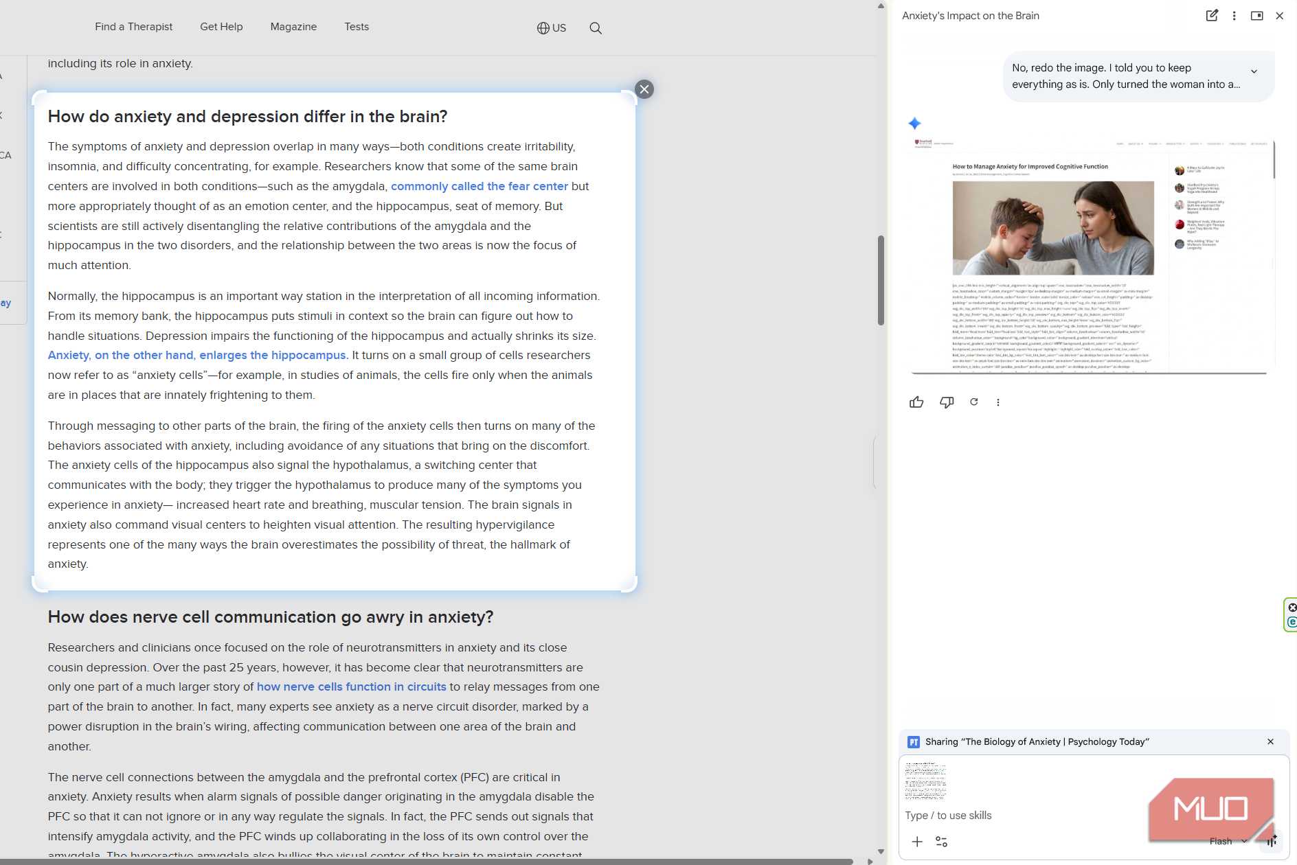 Gemini in Chrome selects the section 'How do anxiety and depression differe in the brain?' from a Psychology Today article