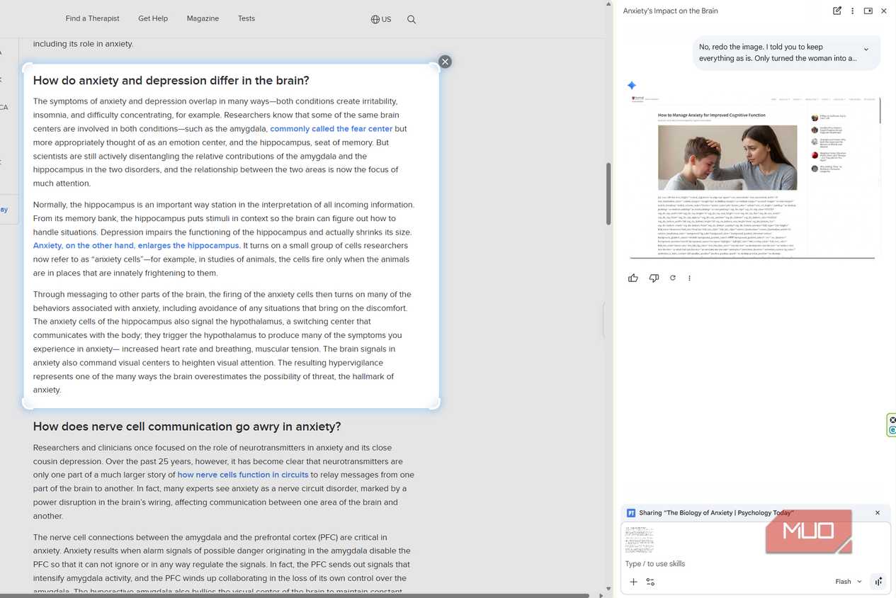 Gemini in Chrome selects the section 'How do anxiety and depression differe in the brain?' from a Psychology Today article