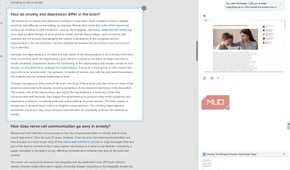 Gemini in Chrome selects the section 'How do anxiety and depression differe in the brain?' from a Psychology Today article