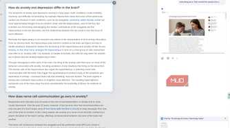 Gemini in Chrome selects the section 'How do anxiety and depression differe in the brain?' from a Psychology Today article