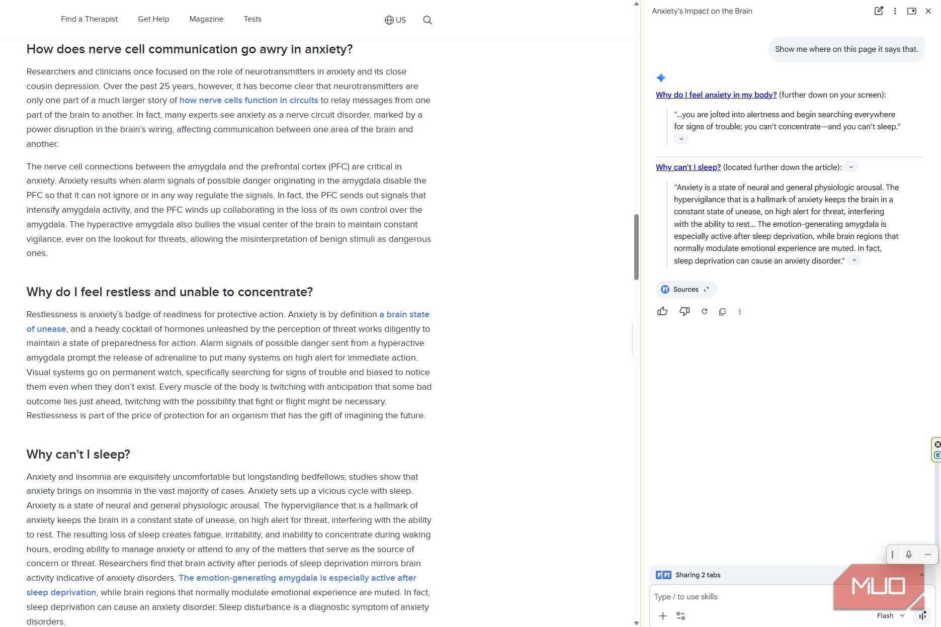 Gemini in Chrome shows where its answer about anxiety and sleep came from, alongside the matching section of the Psychology Today article