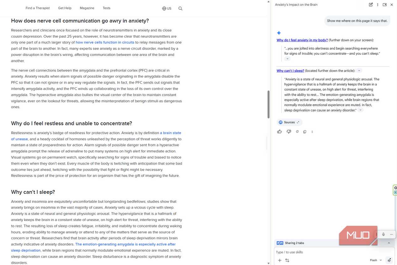 Gemini in Chrome shows where its answer about anxiety and sleep came from, alongside the matching section of the Psychology Today article
