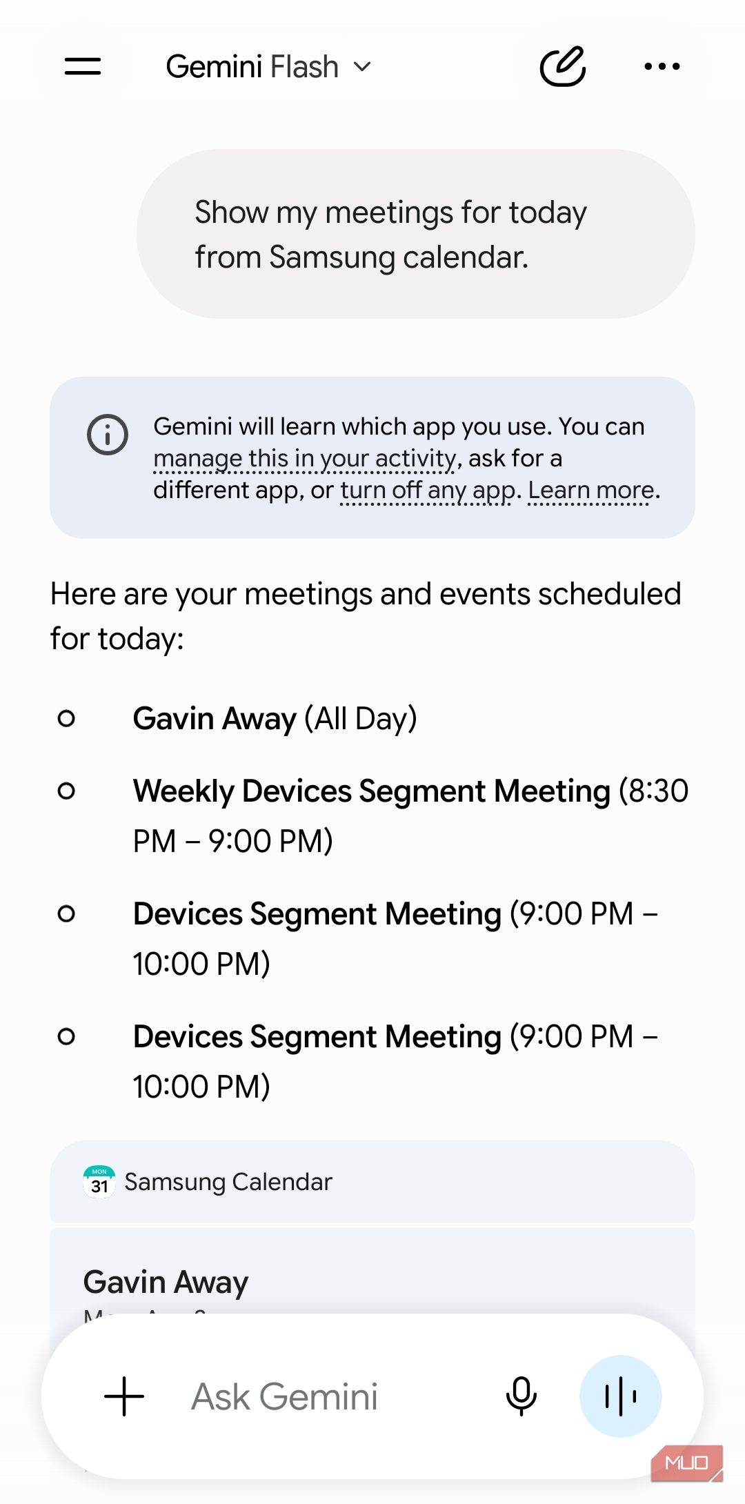 Gemini talking to Samsung Calendar app