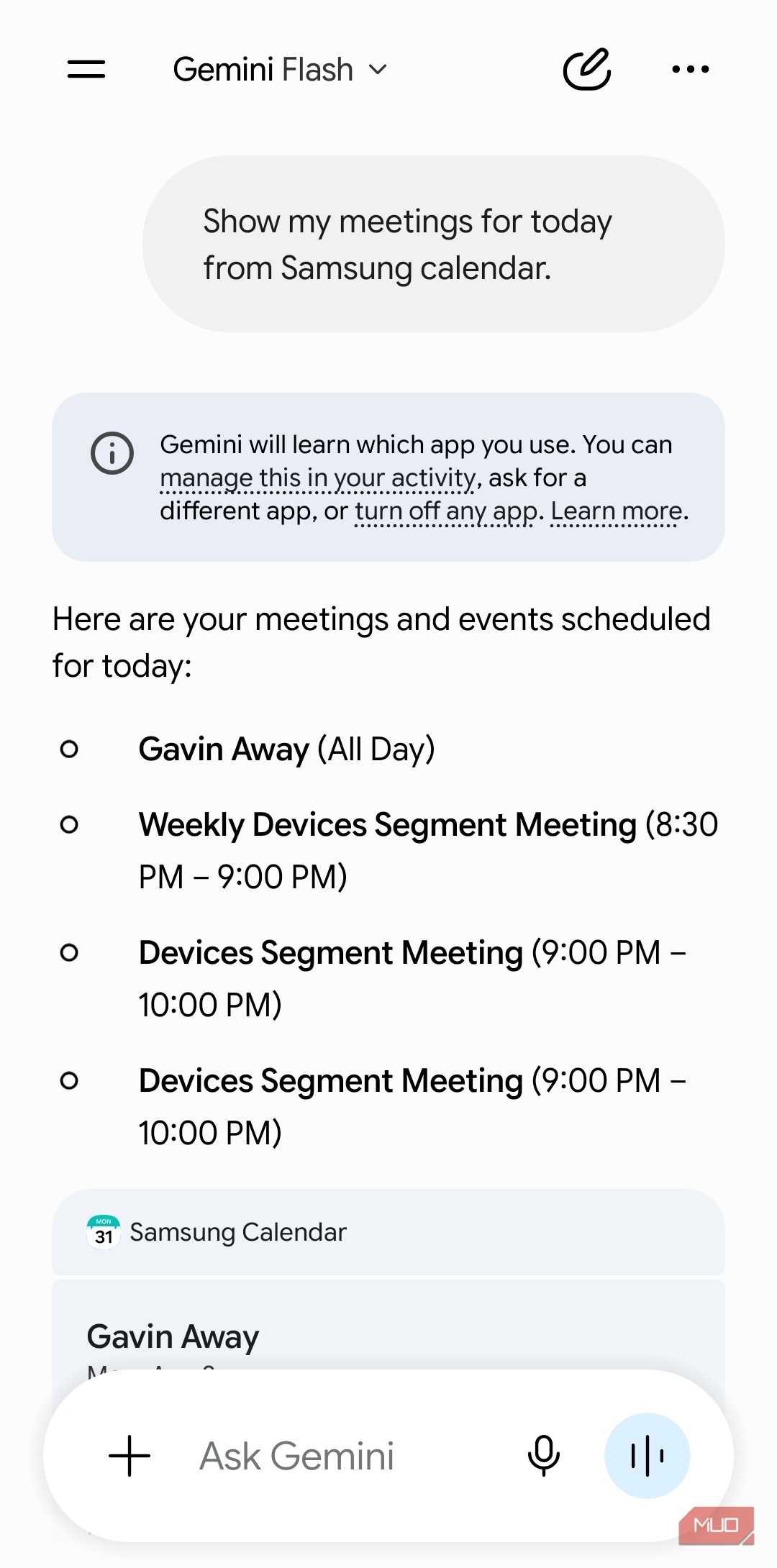 Gemini talking to Samsung Calendar app