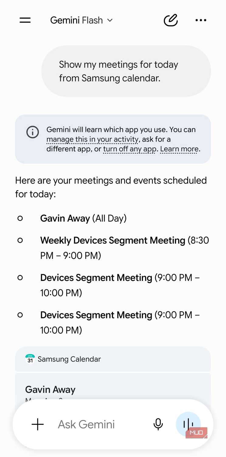 Gemini talking to Samsung Calendar app