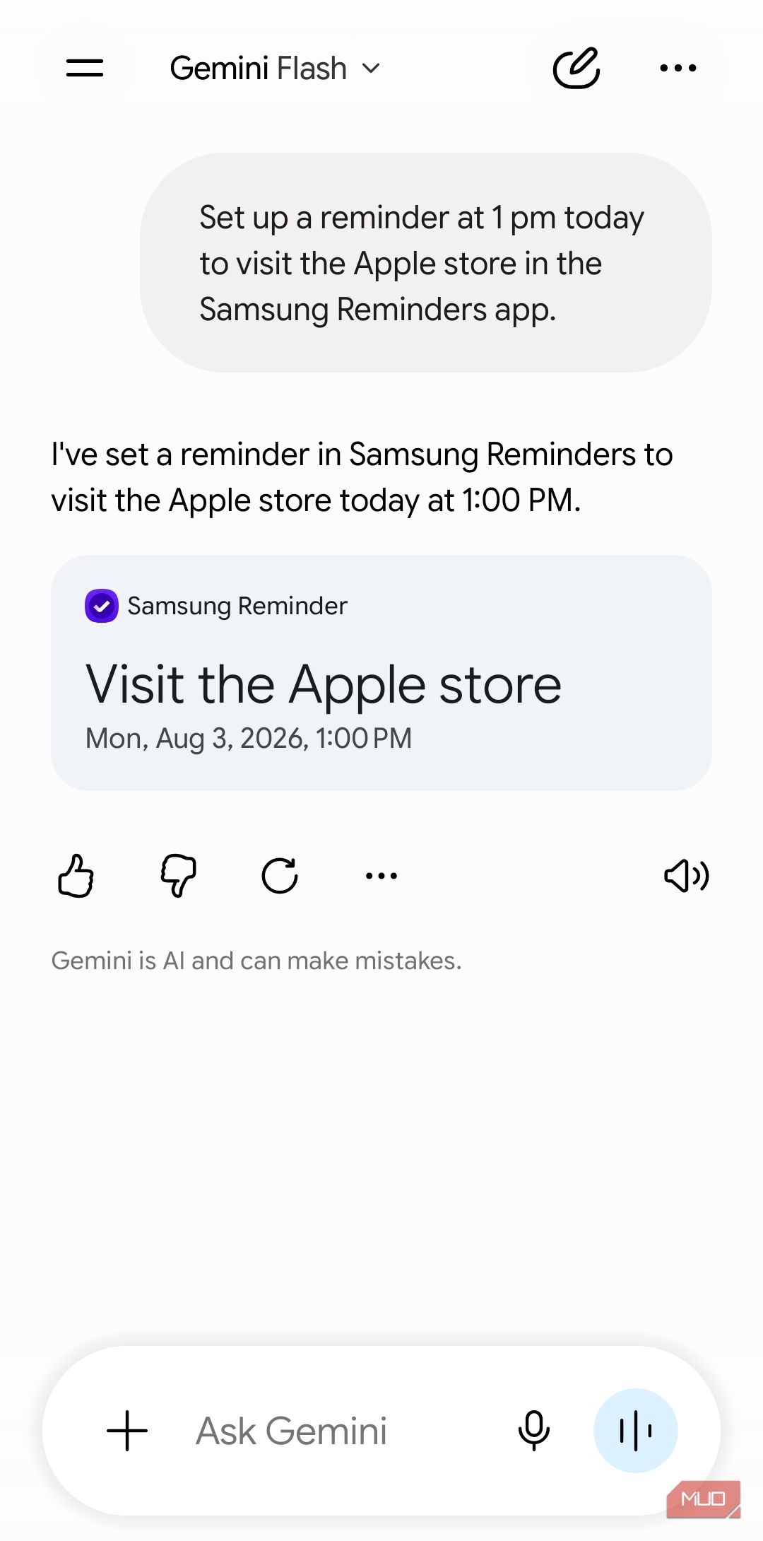 Gemini talking to Samsung Reminders app