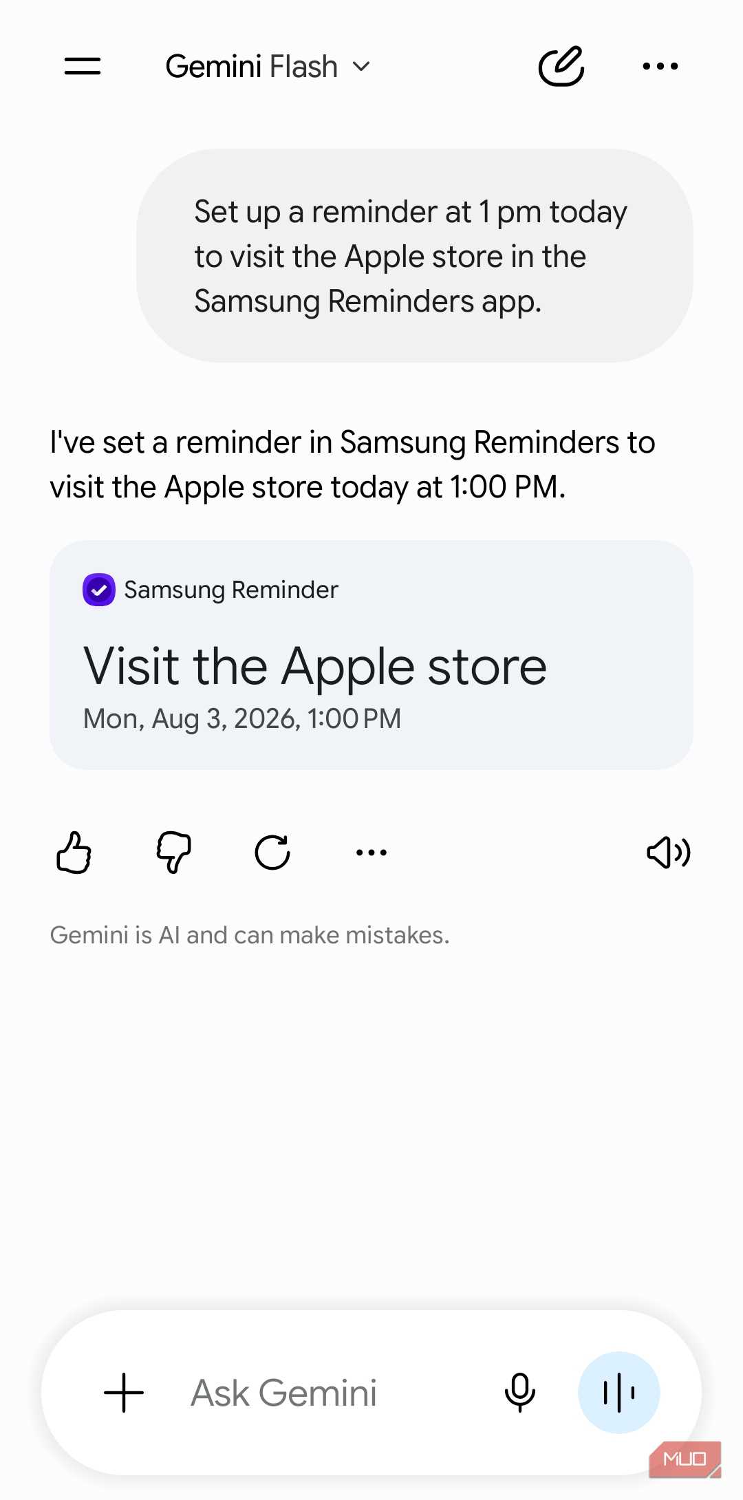 Gemini talking to Samsung Reminders app