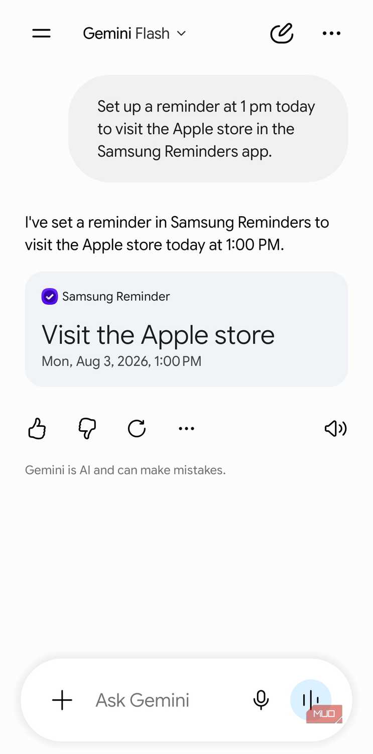 Gemini talking to Samsung Reminders app