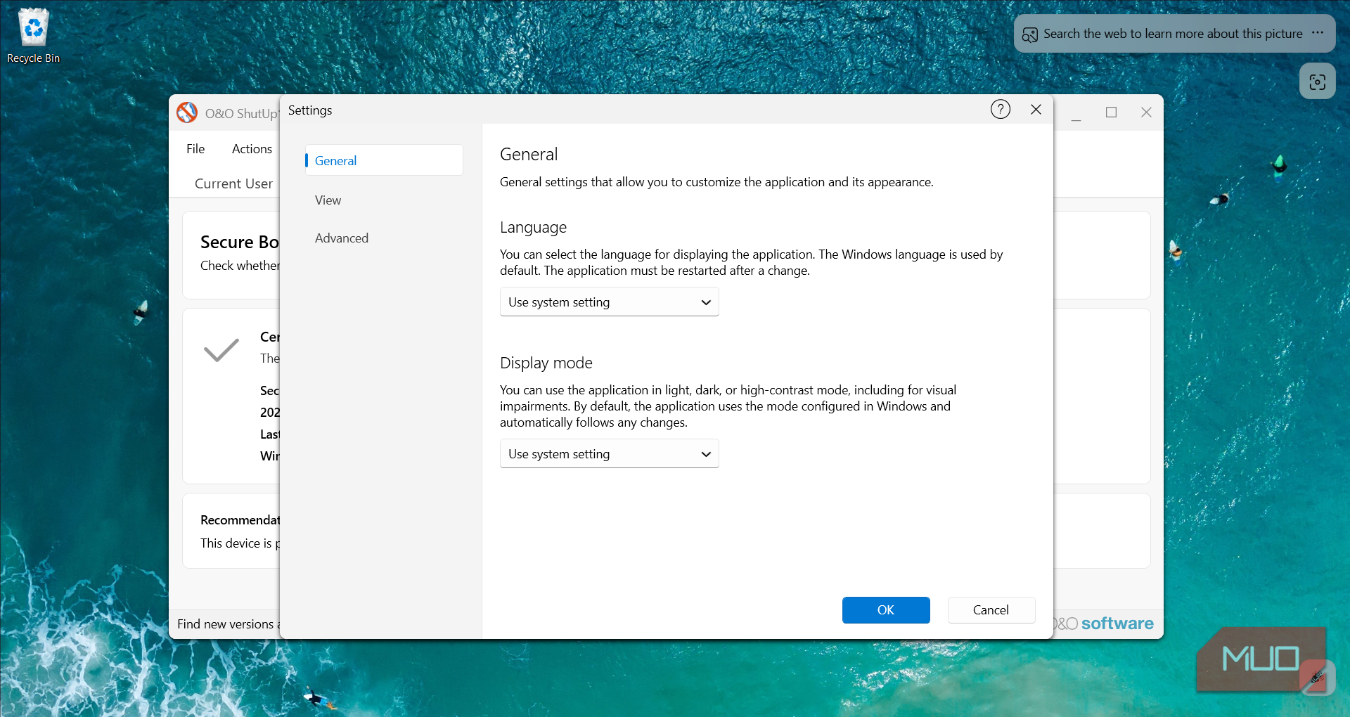 General settings dialog with language and display mode options