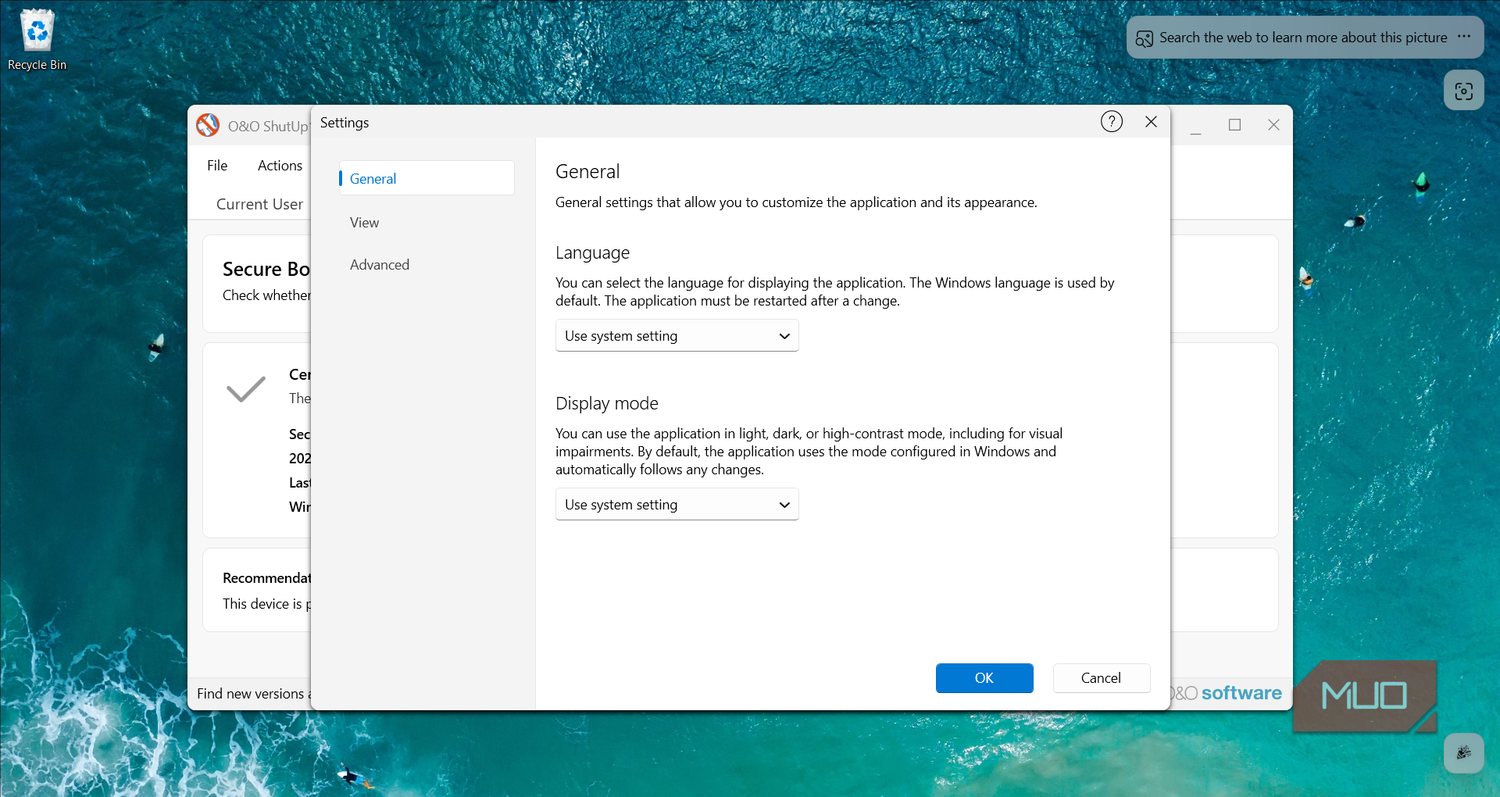 General settings dialog with language and display mode options