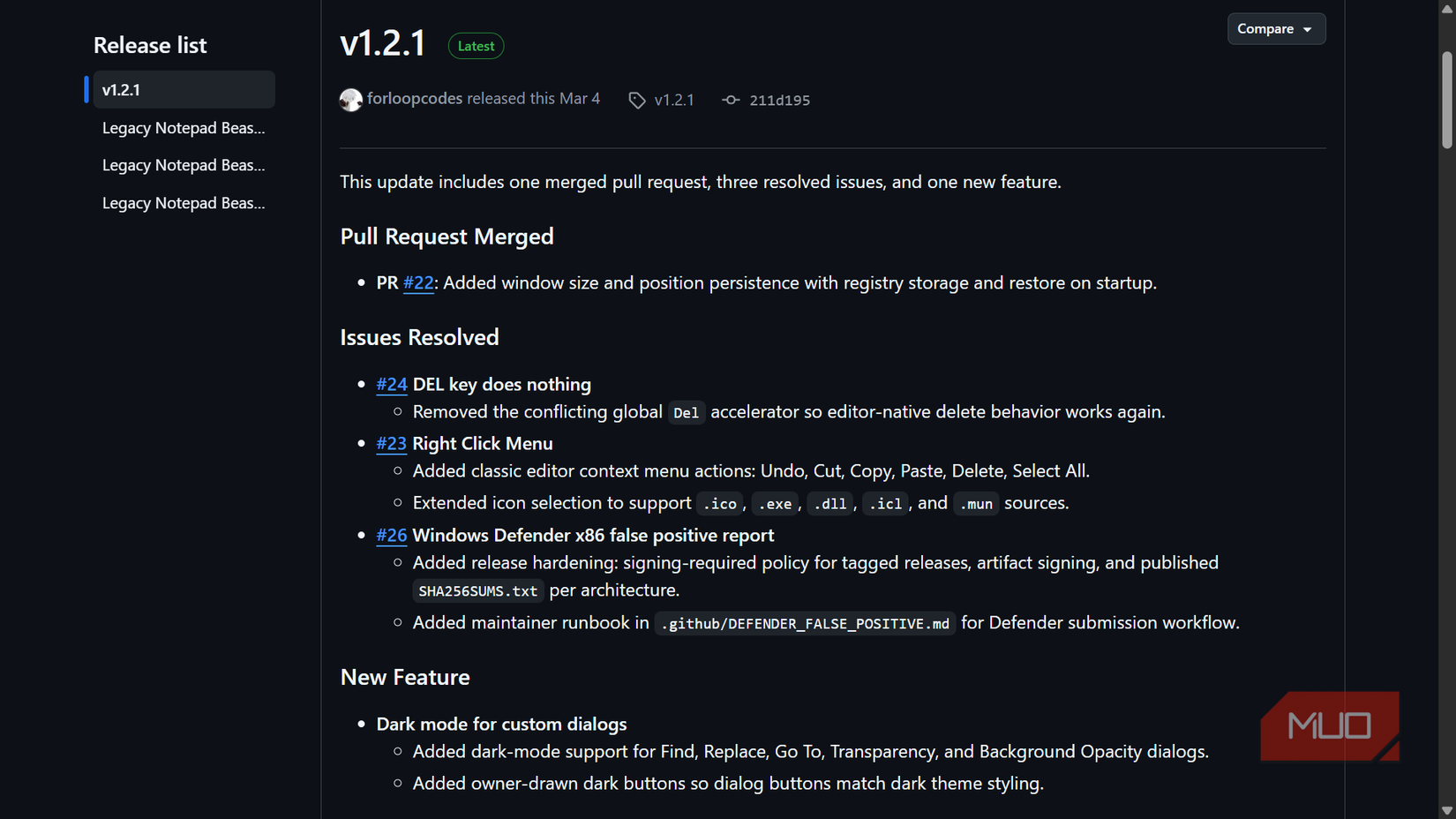 GitHub release notes showing Legacy Notepad version 1.2.1 updates